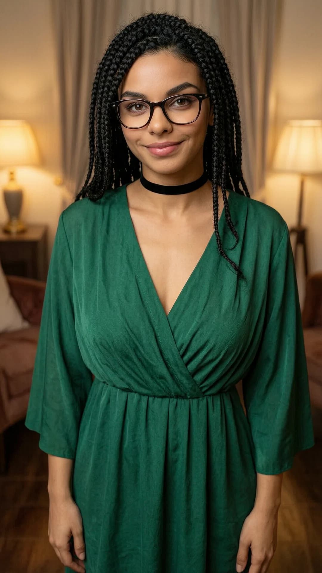 A 23-year-old Arabic woman with black braids, brown eyes, fit body type and wearing glasses, dressed in a beautiful flowing green dress paired with a black choker, standing gracefully in an elegant softly lit room with warm ambient lighting, body slightly angled toward the viewer with relaxed shoulders and hands gently resting at her sides, captured in a medium close-up from a direct frontal eye-level angle with intense upward eye contact full of adoration and warmth, lips softly parted in a tender smile, flawless anatomy, no extra digits, no extra limbs, realistic skin texture, high-detail.