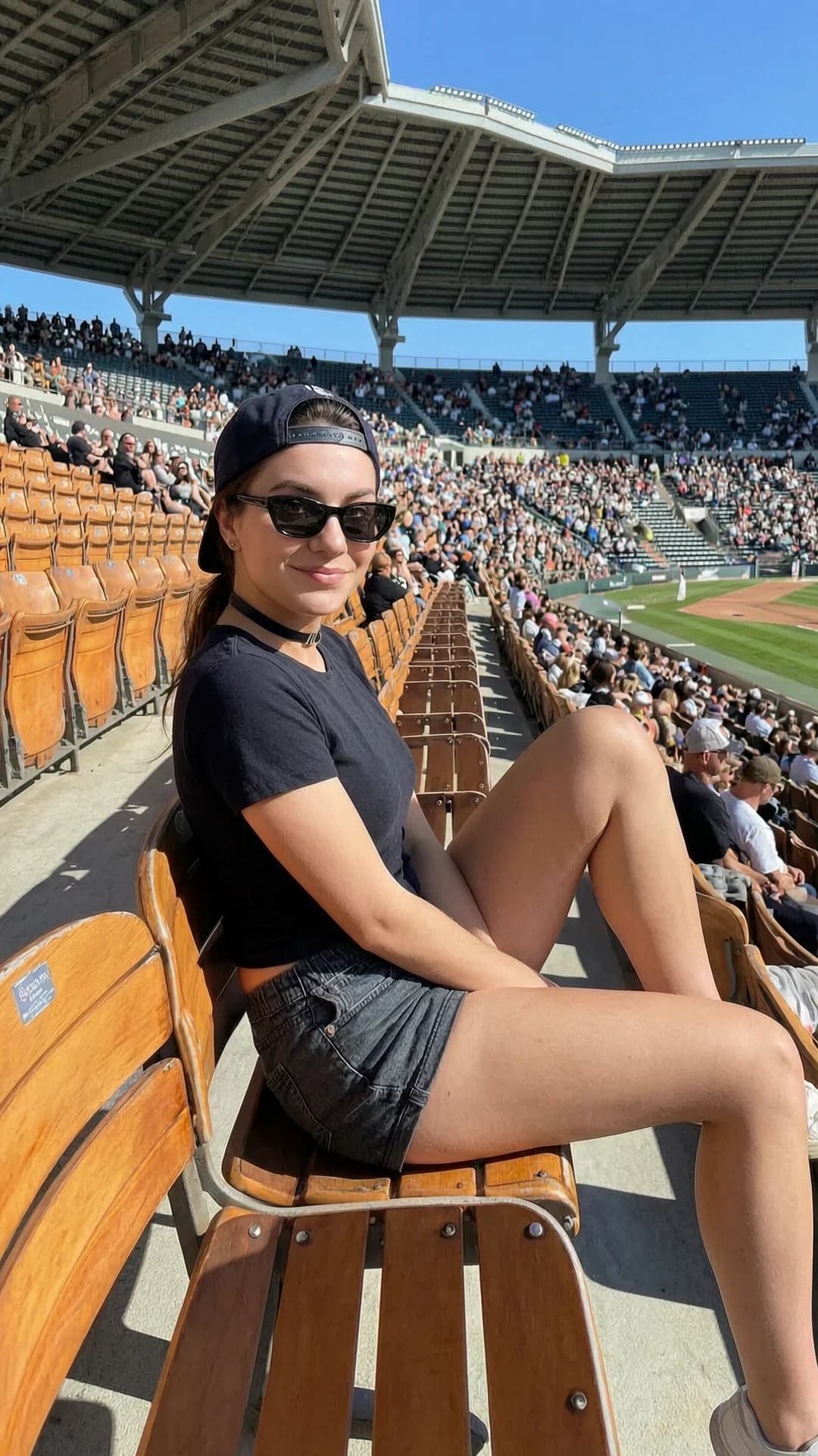 A 21-year-old Caucasian woman with skinny body type, brunette ponytail, and green eyes sits in a bright daytime sports stadium seat wearing tiny shorts, a low-cut top, sunglasses, a choker, and a baseball cap worn backwards, captured in a medium close-up frontal angle from slightly below showing her slim figure leaning back casually with legs crossed, bright sunlight casting sharp shadows across the stadium stands and crowd in the background, direct eye contact with the viewer and a playful confident smirk, realistic style, body positioned upright with natural posture and subtle skin sheen from daylight, Flawless anatomy, no extra digits, no extra limbs, realistic skin texture, high-detail.