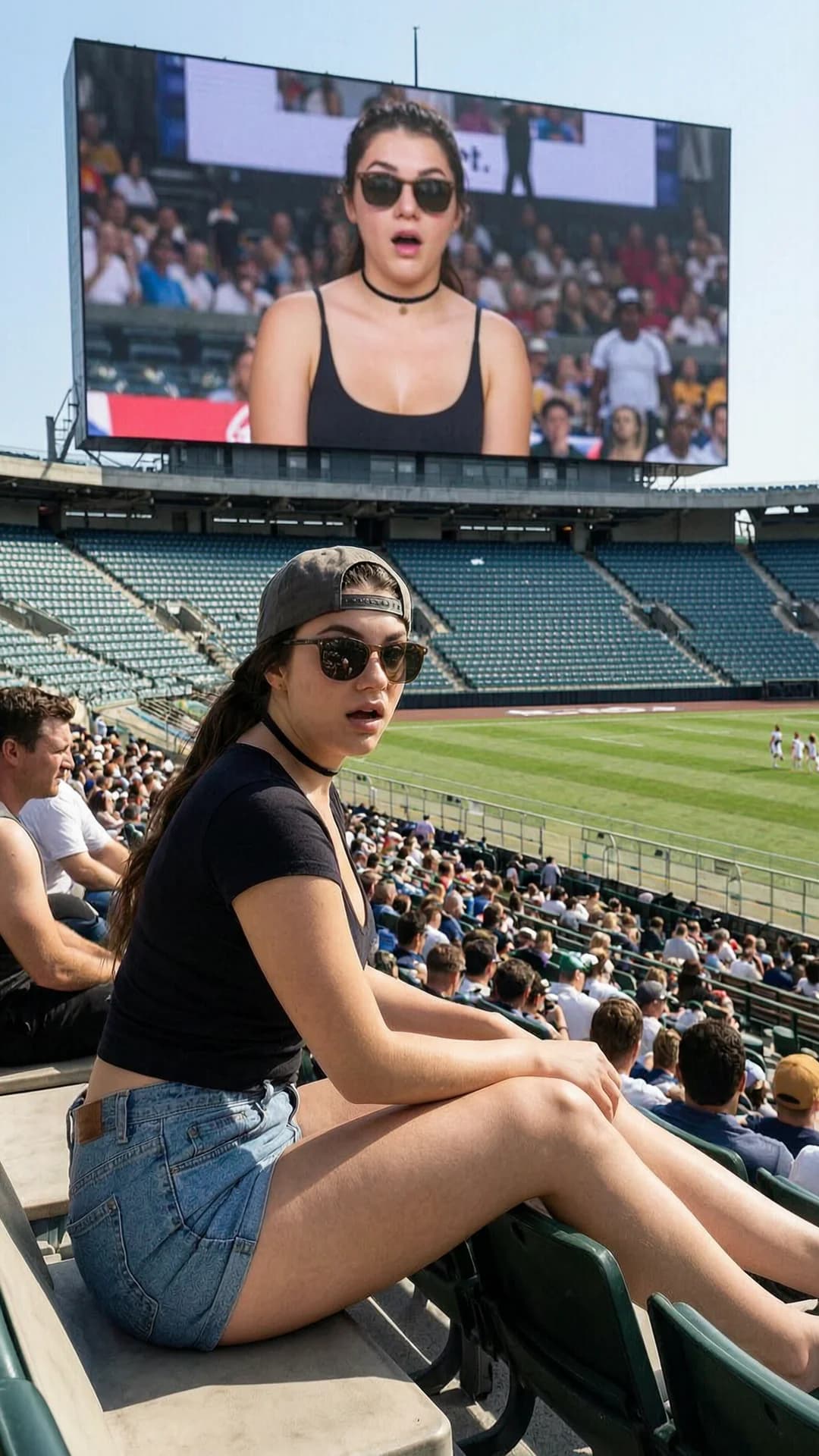 A 21-year-old Caucasian woman with brunette ponytail, green eyes and skinny body type sits in a sunlit sports stadium during the day wearing tiny shorts, a low-cut top, sunglasses, a choker and a baseball cap worn backwards, captured in a cinematic wide-angle view from the spectator stands that shows both her casual seated pose in the crowd and the massive jumbotron screen displaying her surprised close-up, her skinny frame leaning slightly forward with subtle breast movement under the low-cut fabric, daytime natural lighting casting sharp stadium shadows, intense direct eye contact with the viewer through the sunglasses on the big screen conveying wide-eyed shock and parted lips, flawless anatomy, no extra digits, no extra limbs, realistic skin texture, high-detail.