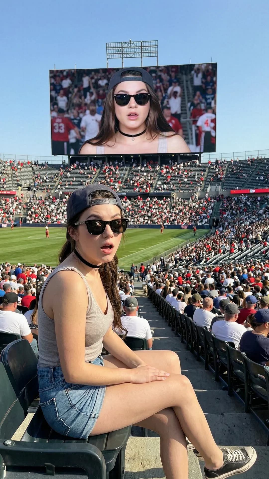 A 21-year-old Caucasian woman with skinny body type, brunette ponytail, and green eyes sitting in a crowded sports stadium during bright daytime, wearing tiny shorts, a low cut top, sunglasses, a choker and a baseball cap worn backwards, captured in realistic style with a surprised expression, wide green eyes making intense direct eye contact with the camera through her sunglasses, lips parted in shock, shown prominently on the massive jumbotron screen above the stands while her actual figure is visible seated in the bleachers below, wide establishing shot from field-level POV looking upward at both her and the giant screen displaying her image, vibrant daylight illumination with sharp shadows, casual sports event mood, skinny frame leaning forward slightly in her seat with natural posture. Flawless anatomy, no extra digits, no extra limbs, realistic skin texture, high-detail.