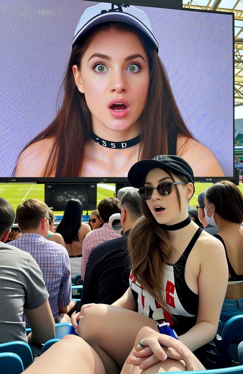 A 21-year-old Caucasian woman with skinny body type, brunette ponytail, green eyes, sitting in a crowded sports stadium during bright daylight wearing tiny shorts, a low cut top, sunglasses, a choker and a baseball cap worn backwards, captured in a wide audience POV shot that includes the massive jumbotron screen displaying her close-up, one hand slipped inside her tiny shorts touching herself with visible body tension and parted legs, shocked wide-eyed expression with mouth agape, intense direct eye contact toward the camera on the screen conveying sudden alarm and embarrassment, realistic style, natural daylight stadium lighting, detailed crowd and seating in background. Flawless anatomy, no extra digits, no extra limbs, realistic skin texture, high-detail.