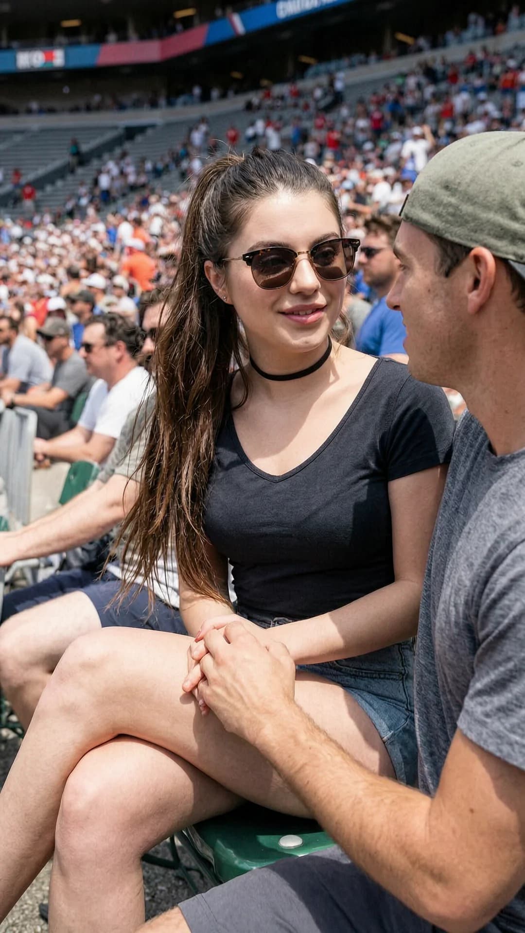A realistic image of a 21-year-old Caucasian woman with a skinny body type, brunette ponytail, and green eyes, sitting in a bustling sports stadium during bright daytime, wearing tiny shorts, a low-cut top, sunglasses, a choker, and a baseball cap worn backwards, captured in a medium close-up from a slight side angle POV showing her seated posture with legs crossed and body leaning slightly toward her companion, her right hand gently holding the hand of a man beside her, natural sunlight casting soft shadows across the scene with a lively stadium crowd in the blurred background, she maintains intense direct eye contact with the man, her expression warm and playful with a subtle smile and lips parted, ponytail resting over one shoulder, clothing fabric clinging lightly to her frame, skin with a natural daytime sheen, mood energetic and casual, Flawless anatomy, no extra digits, no extra limbs, realistic skin texture, high-detail.