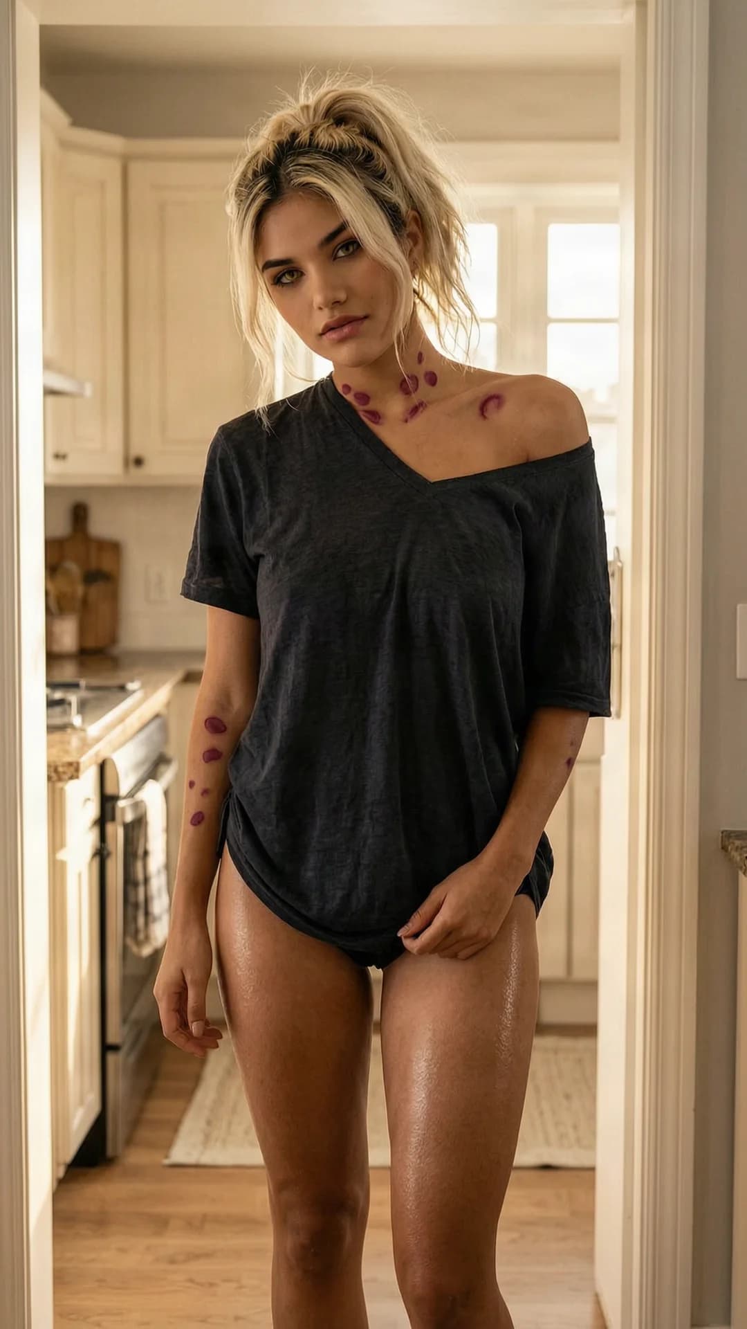 A 21-year-old Latina woman with skinny build, blonde messy ponytail, yellow eyes, standing in the archway in a softly lit morning kitchen, wearing an oversized thin shirt hanging off one shoulder exposing her collarbone and hard nipples poking prominently through the fabric, tiny micro sleep shorts riding high to reveal most of her thighs with fresh hickeys blooming across her neck and up her legs, body slightly leaned forward in a relaxed yet aroused pose with visible skin sheen and muscle tension in her exposed thighs, intense direct eye contact with seductive lust and parted lips, first-person POV from the perspective of someone slowly sipping coffee while examining every intimate detail, nsfw, explicit visible nipple outlines, arousal indicators and body tension, Flawless anatomy, no extra digits, no extra limbs, realistic skin texture, high-detail.