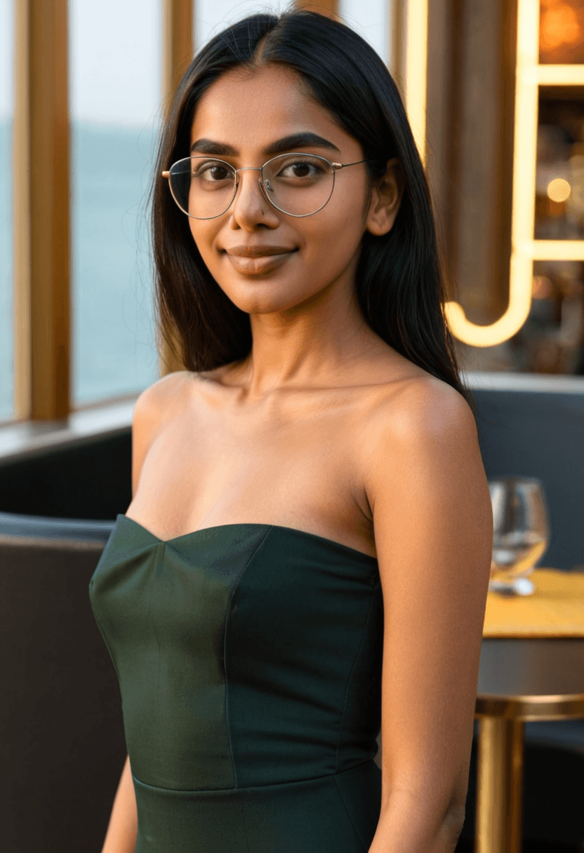 woman with a professional and balanced oval face shape, characterized by a smooth jawline and symmetrical proportions. Her facial structure is defined by deep-set, almond-shaped dark eyes, well-arched natural eyebrows, and a straight, elegant nose. She has a warm complexion and a poised, neutral expression. Her hair is styled in a sleek, polished pull-back—likely a low bun or ponytail—which is brushed smoothly away from the forehead to emphasize her features, maintaining a clean and sophisticated aesthetic., dining at an elegant restaurant