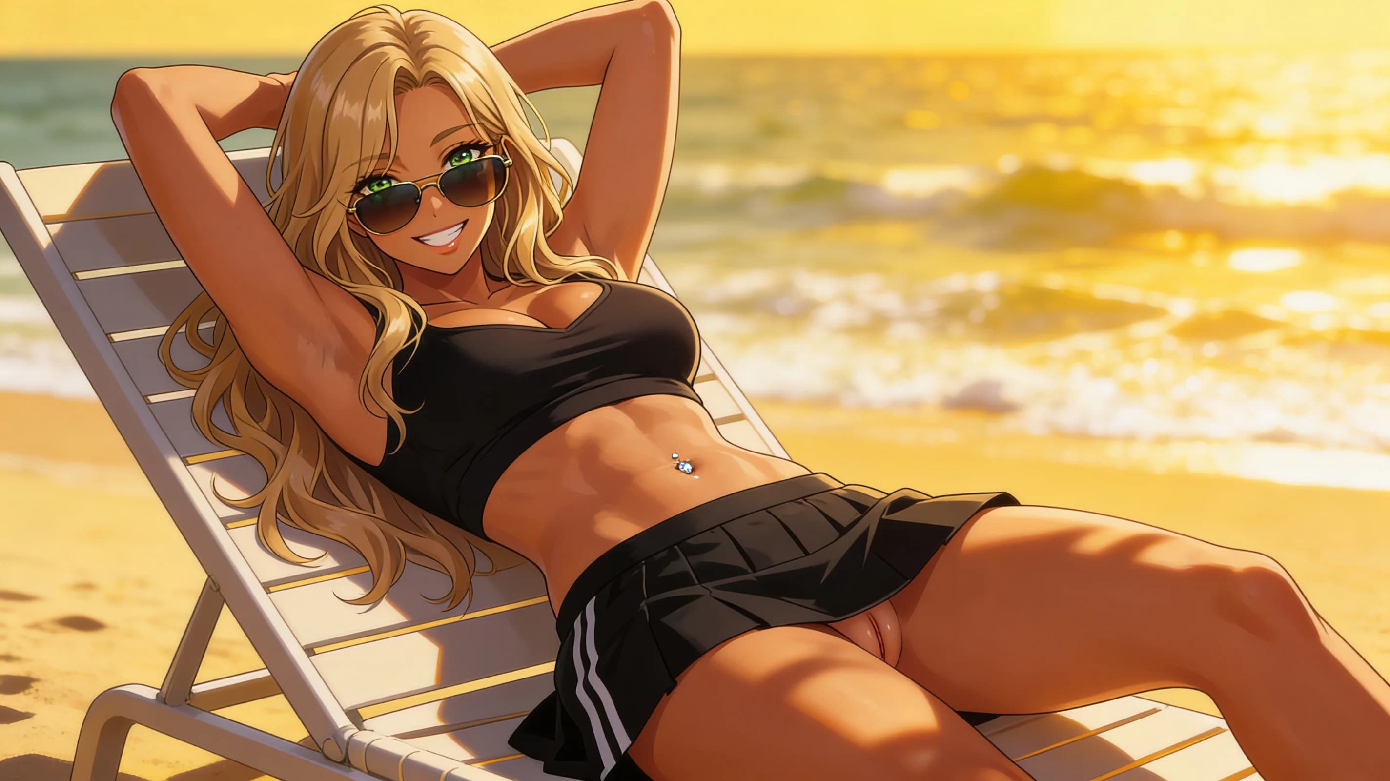 30-year-old Latina woman with long blonde hair, striking green eyes, fit athletic body, and belly piercings, anime style, high-quality illustration, portrait medium close-up from a low front angle looking up at her on a sunny beach lounger, gracefully stretching her toned arms overhead while reclining seductively with legs slightly parted and crossed at the ankles, wearing a skimpy black crop top shirt clinging to her perky breasts with natural folds and a short black tennis skirt riding up her smooth thighs revealing toned abs and belly piercing glinting in the sun, stylish trendy sunglasses perched on her nose, direct intense eye contact with the viewer through the lenses with a playful inviting smile and parted glossy lips, tanning under vibrant golden sunlight with ocean waves crashing in the blurred background, warm atmospheric lighting casting soft shadows on her sun-kissed skin with subtle sheen and light blush marks on cheeks, body physics showing firm breast lift from stretch pose and natural skin glow, flawless anatomy, no extra digits, no extra limbs, detailed anime shading, high-quality illustration.
