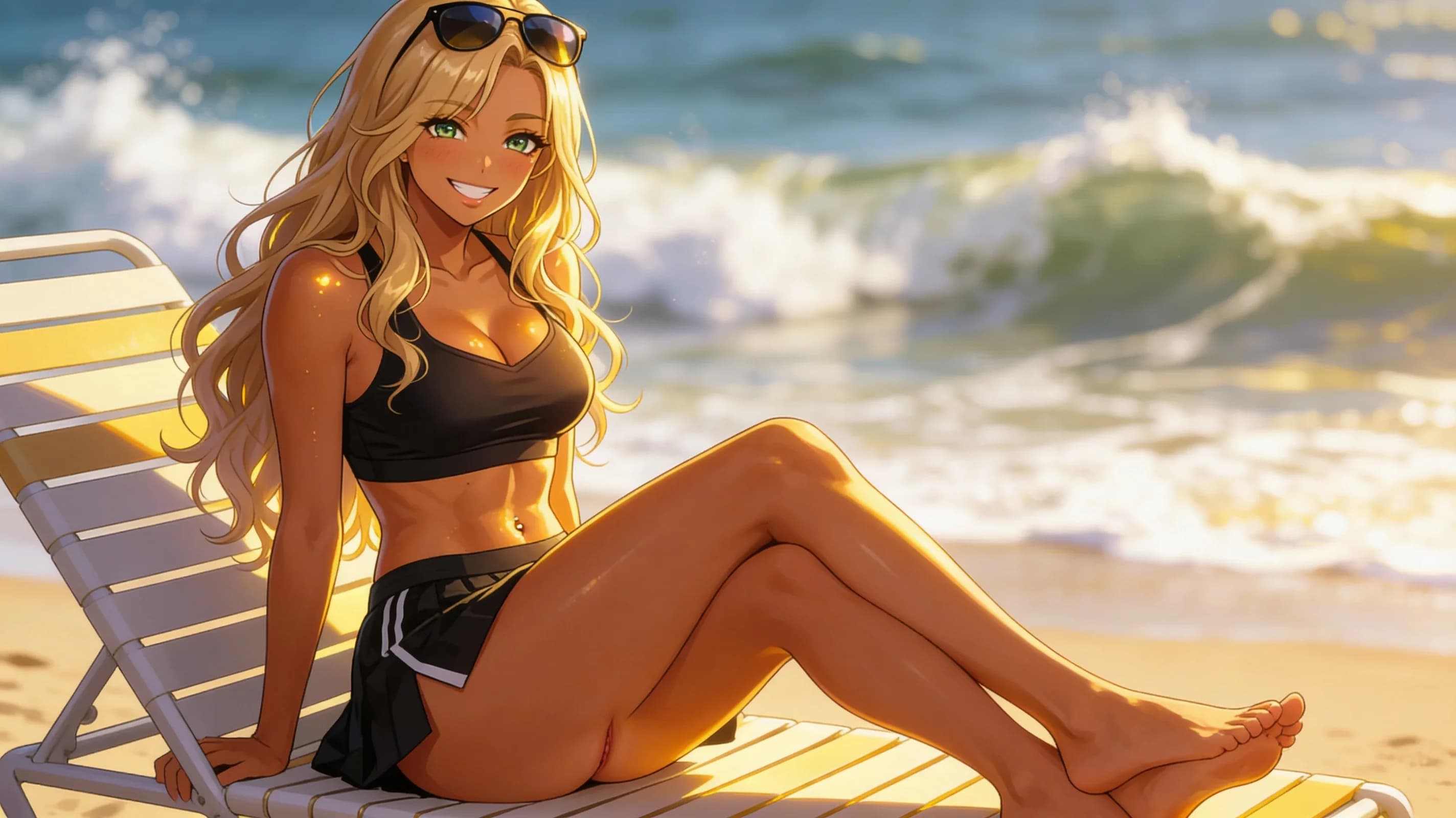 30-year-old Latina woman with long blonde hair, striking green eyes, fit athletic body, and belly piercings, anime style, high-quality illustration, portrait medium close-up from a low front angle looking up at her on a sunny beach lounger, gracefully stretching her toned arms overhead while reclining seductively with legs slightly parted and crossed at the ankles, wearing a skimpy black crop top shirt clinging to her perky breasts with natural folds and a short black tennis skirt riding up her smooth thighs revealing toned abs and belly piercing glinting in the sun, stylish trendy sunglasses perched on her nose, direct intense eye contact with the viewer through the lenses with a playful inviting smile and parted glossy lips, tanning under vibrant golden sunlight with ocean waves crashing in the blurred background, warm atmospheric lighting casting soft shadows on her sun-kissed skin with subtle sheen and light blush marks on cheeks, body physics showing firm breast lift from stretch pose and natural skin glow, flawless anatomy, no extra digits, no extra limbs, detailed anime shading, high-quality illustration.