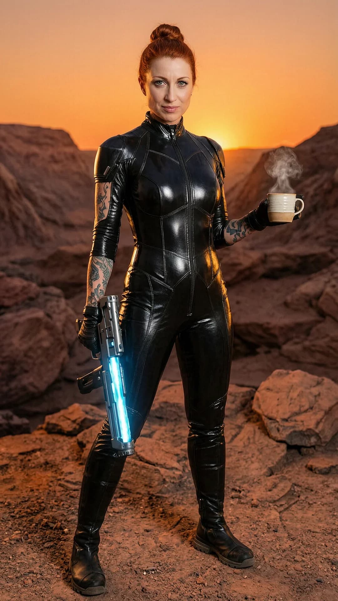 A 44-year-old Caucasian woman with red hair in a tight bun, piercing green eyes, fit athletic body, visible tattoos across her arms and torso, silver belly piercings glinting at her navel and a prominent patch of pubic hair, standing in a skintight black tactical suit that clings transparently to every curve and outlines her erect nipples and puffy vagina lips in explicit detail with visible camel toe and fabric tension, holding a glowing plasma rifle in her right hand and a steaming cup of coffee in her left, waiting alertly to go on patrol on the rocky alien terrain of Signus Nine at dusk with dramatic orange sci-fi lighting casting sharp shadows, full-body frontal eye-level camera angle capturing her confident stance with hips slightly cocked, intense direct eye contact with focused determination and lips parted, nsfw explicit anatomical detail showing skin sheen, muscle tension, suit fabric stretched taut over her breasts and crotch, body physics emphasizing the suit's revealing cling, Flawless anatomy, no extra digits, no extra limbs, realistic skin texture, high-detail.