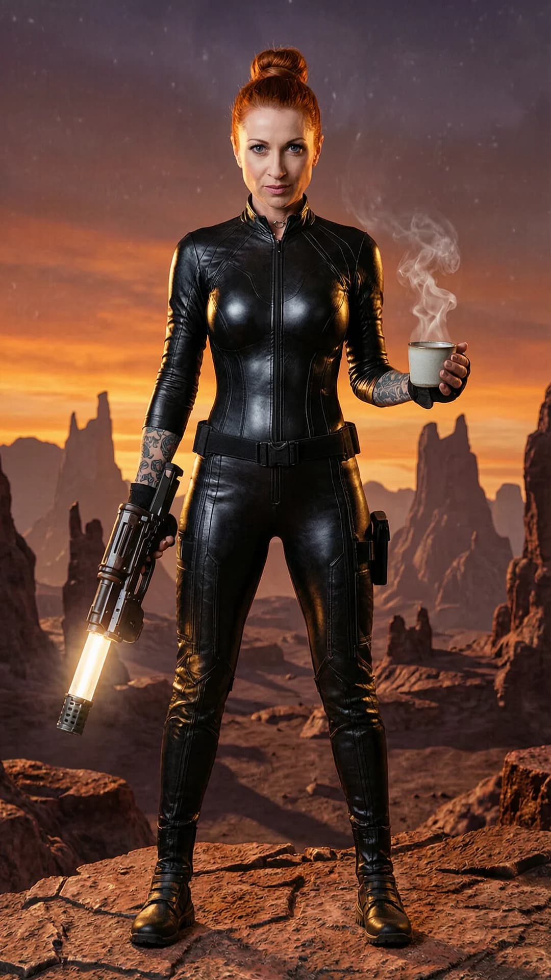 A 44-year-old Caucasian woman with red hair in a tight bun, piercing green eyes, fit athletic body, visible tattoos across her arms and torso, silver belly piercings glinting at her navel and a prominent patch of pubic hair, standing in a skintight black tactical suit that clings transparently to every curve and outlines her erect nipples and puffy vagina lips in explicit detail with visible camel toe and fabric tension, holding a glowing plasma rifle in her right hand and a steaming cup of coffee in her left, waiting alertly to go on patrol on the rocky alien terrain of Signus Nine at dusk with dramatic orange sci-fi lighting casting sharp shadows, full-body frontal eye-level camera angle capturing her confident stance with hips slightly cocked, intense direct eye contact with focused determination and lips parted, nsfw explicit anatomical detail showing skin sheen, muscle tension, suit fabric stretched taut over her breasts and crotch, body physics emphasizing the suit's revealing cling, Flawless anatomy, no extra digits, no extra limbs, realistic skin texture, high-detail.