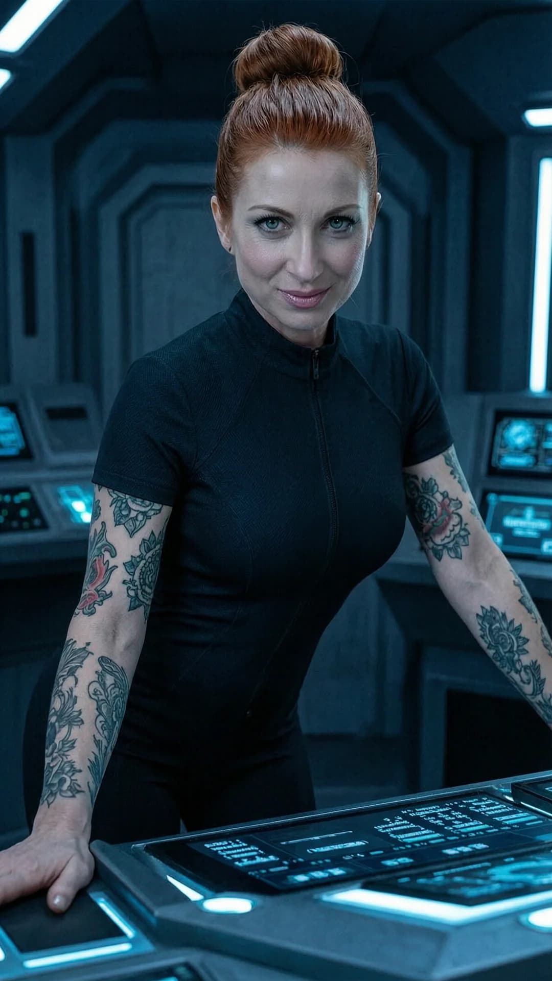 A 44-year-old Caucasian woman with red hair in a tight bun, piercing green eyes, fit toned body, intricate tattoos and visible belly piercings stands at the gunnery station on a dimly lit futuristic starship, wearing a tight one piece uniform that clings to her curves, legs slightly apart with hips tilted forward, one hand resting on the control console, medium close-up from eye-level front angle, intense direct eye contact with seductive lust and a beautiful confident expression, lips parted, soft blue control-panel lighting casting highlights on her skin sheen and muscle tension, realistic style, Flawless anatomy, no extra digits, no extra limbs, realistic skin texture, high-detail.
