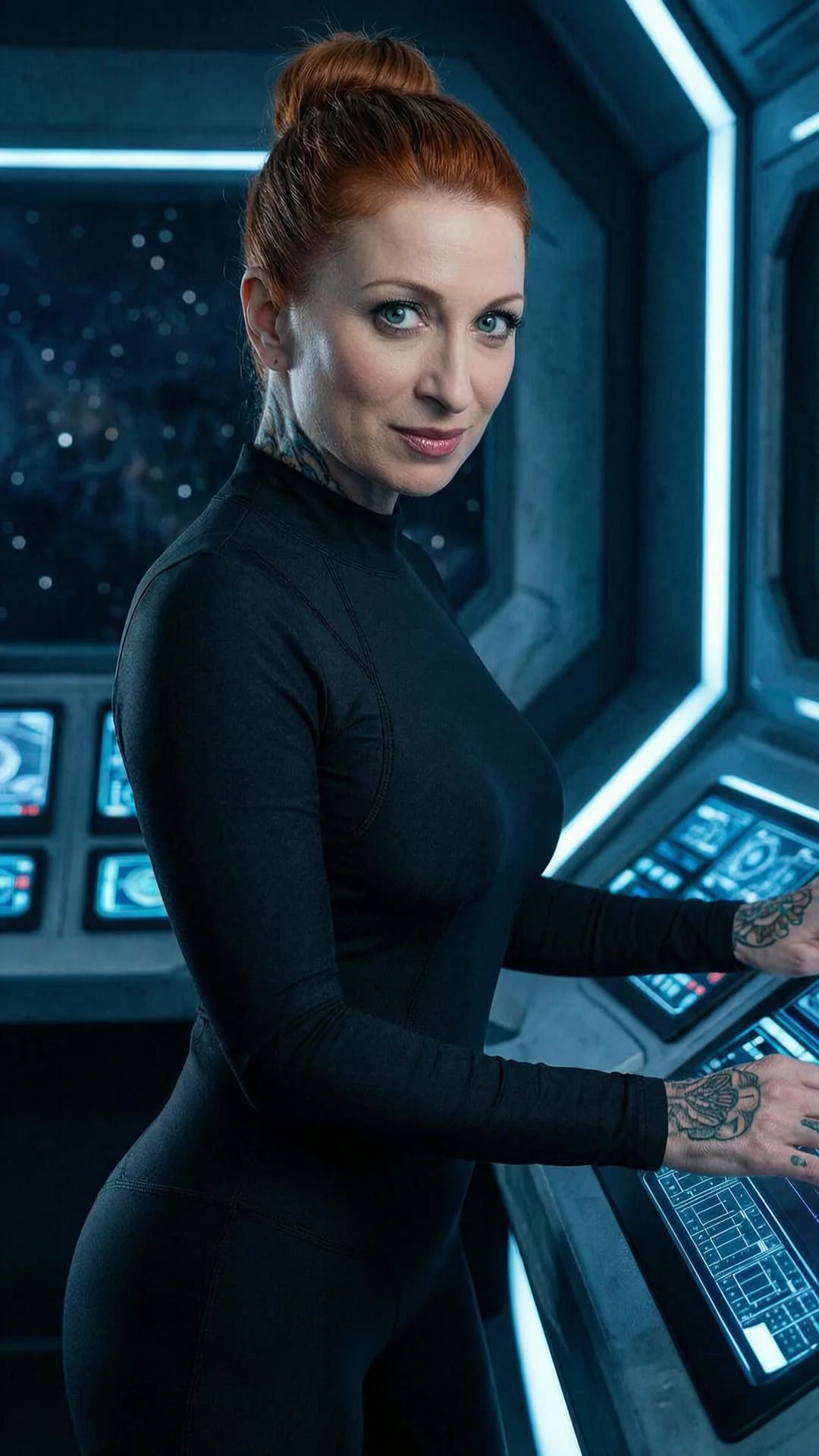 A 44-year-old Caucasian woman with red hair in a tight bun, piercing green eyes, fit toned body, intricate tattoos and visible belly piercings stands at the gunnery station on a dimly lit futuristic starship, wearing a tight one piece uniform that clings to her curves, legs slightly apart with hips tilted forward, one hand resting on the control console, medium close-up from eye-level front angle, intense direct eye contact with seductive lust and a beautiful confident expression, lips parted, soft blue control-panel lighting casting highlights on her skin sheen and muscle tension, realistic style, Flawless anatomy, no extra digits, no extra limbs, realistic skin texture, high-detail.