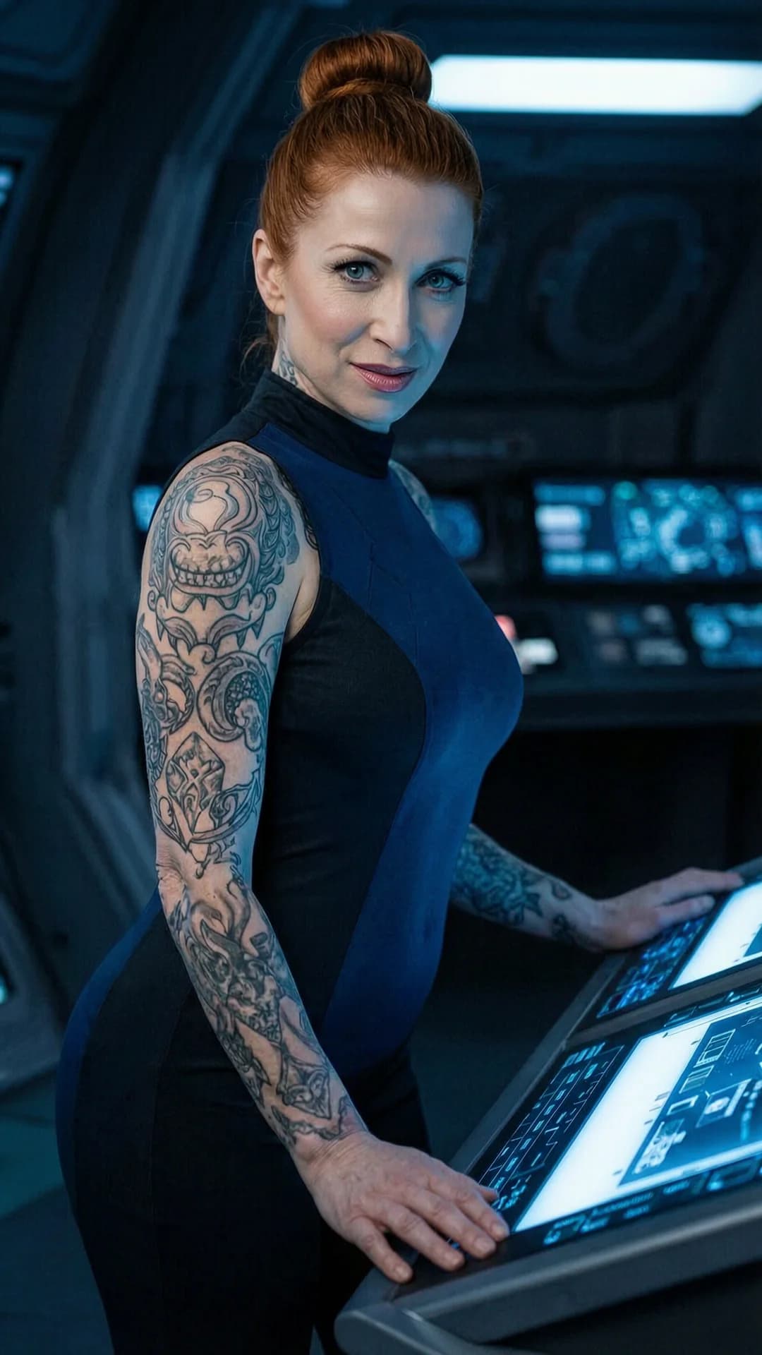 A 44-year-old Caucasian woman with red hair in a tight bun, piercing green eyes, fit toned body, intricate tattoos and visible belly piercings stands at the gunnery station on a dimly lit futuristic starship, wearing a tight one piece uniform that clings to her curves, legs slightly apart with hips tilted forward, one hand resting on the control console, medium close-up from eye-level front angle, intense direct eye contact with seductive lust and a beautiful confident expression, lips parted, soft blue control-panel lighting casting highlights on her skin sheen and muscle tension, realistic style, Flawless anatomy, no extra digits, no extra limbs, realistic skin texture, high-detail.