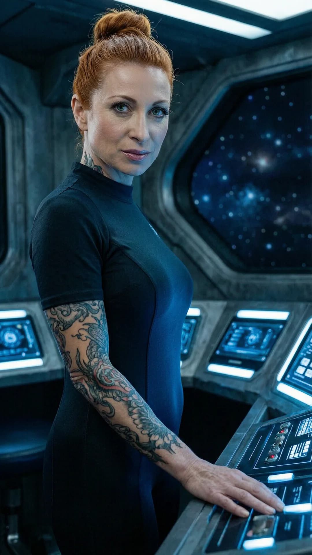 A 44-year-old Caucasian woman with red hair in a tight bun, piercing green eyes, fit toned body, intricate tattoos and belly piercings stands at the gunnery station on a dimly lit futuristic starship, wearing a tight one piece uniform, legs slightly apart with hips tilted forward, one hand resting on the control console, medium close-up from eye-level front angle, intense direct eye contact with seductive lust and a beautiful confident expression, lips parted, soft blue control-panel lighting casting highlights on her skin sheen and muscle tension, realistic style, Flawless anatomy, no extra digits, no extra limbs, realistic skin texture, high-detail.