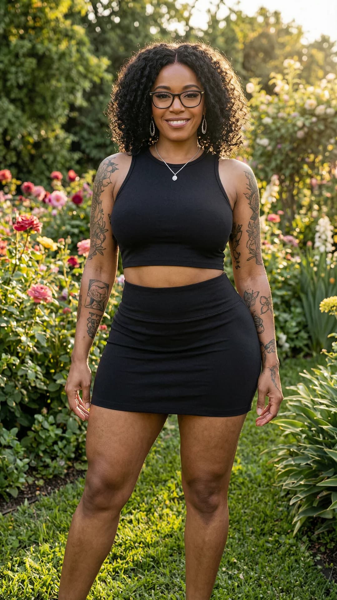 35-year-old black woman with fit body, black curly hair, brown eyes, stylish glasses, artistic tattoos, wearing a short black tennis skirt and a tight crop top shirt that hugs her toned midriff, beautiful dangling earrings, elegant necklace, standing confidently in a lush beautiful garden surrounded by vibrant blooming flowers and soft green foliage, full body shot from a low angle straight-on POV to emphasize her poised stature and curves, body physics with natural breast lift under the crop top, subtle muscle tension in her athletic legs and core, smooth glossy skin with a light summery sheen, smiling warmly at the viewer with direct intense eye contact full of playful confidence and parted lips, natural outdoor lighting with golden hour sunlight filtering through leaves creating soft god rays and dappled shadows, cinematic depth of field with sharp focus on her figure against a slightly blurred floral background, realistic style, flawless anatomy, no extra digits, no extra limbs, realistic skin texture, high-detail.