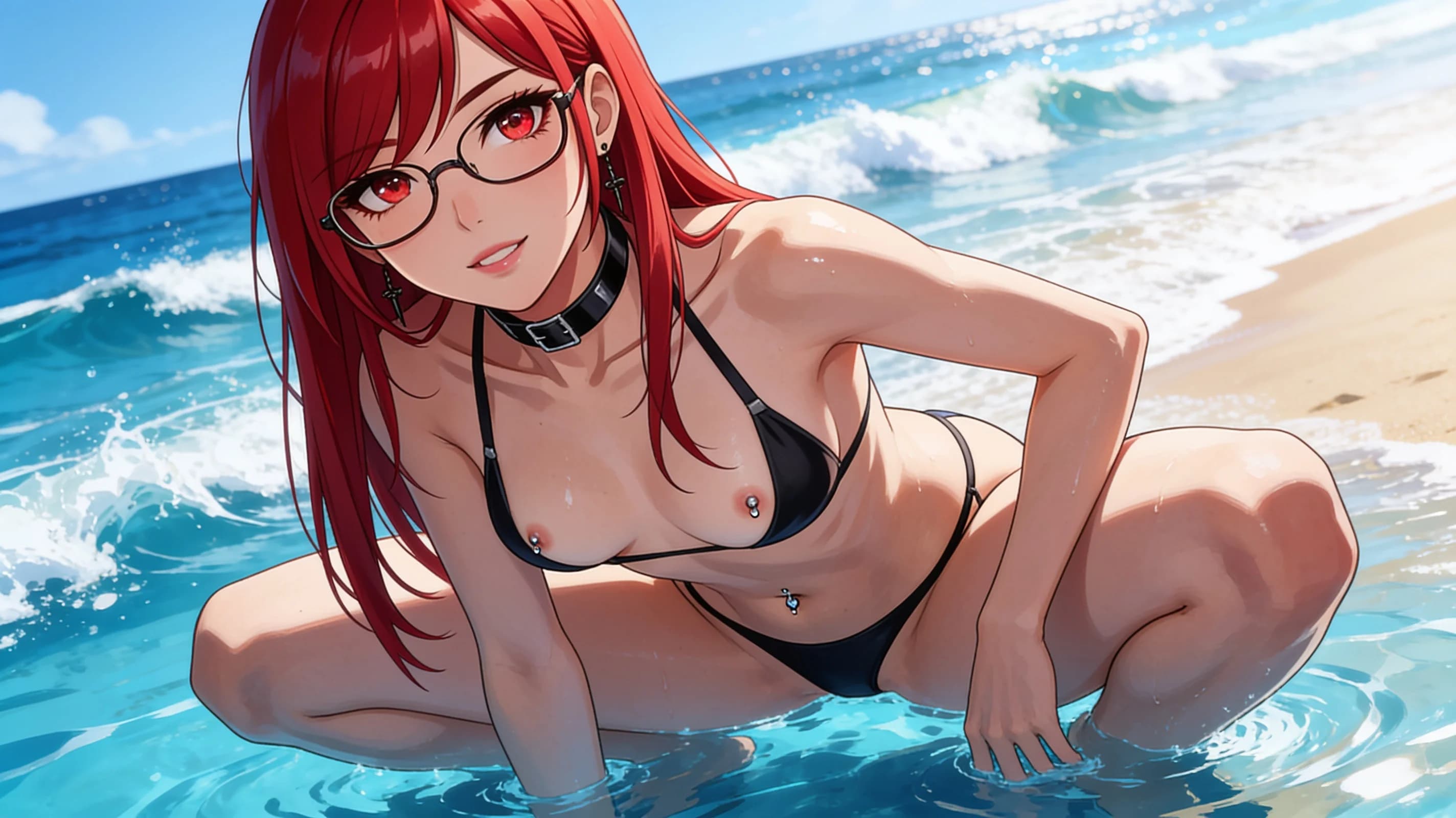 21-year-old Asian woman with straight red hair, red eyes, skinny body type, wearing stylish glasses and a fashionable choker, standing in squatting athletic pose at the shoreline of a sunny beach with ocean waves, wearing a stylish revealing bikini that shows nipple piercings and belly piercings, partially submerged in clear blue water, medium close-up from low angle POV looking up, intense upward eye contact with confident athletic expression, skin sheen from sunlight, vibrant atmospheric lighting, natural clothing folds, anime style, high-quality illustration. Flawless anatomy, no extra digits, no extra limbs, detailed anime shading, high-quality illustration.