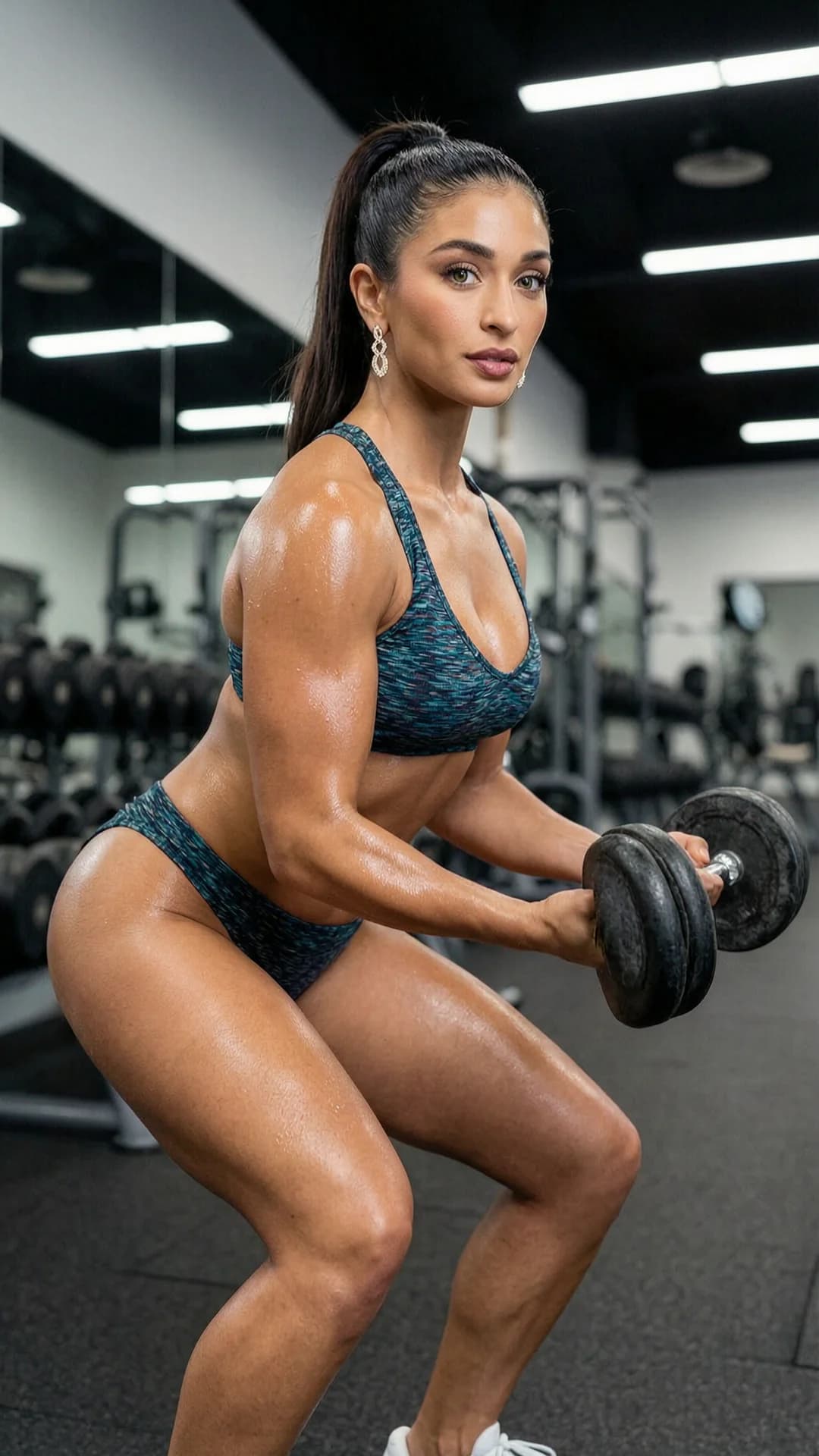 A 27-year-old fit Latina woman with green eyes, brunette hair in a tight ponytail, wearing beautiful earrings and a stylish bikini, stands in athletic workout pose inside a modern fitness gym performing squats with weights, body angled to show toned muscles and skin sheen from exertion, medium close-up from three-quarter front angle with direct intense eye contact and confident determined expression lips parted, bright overhead gym lighting highlighting sweat on skin and bikini fabric, earrings catching light, ponytail swinging, Flawless anatomy, no extra digits, no extra limbs, realistic skin texture, high-detail.