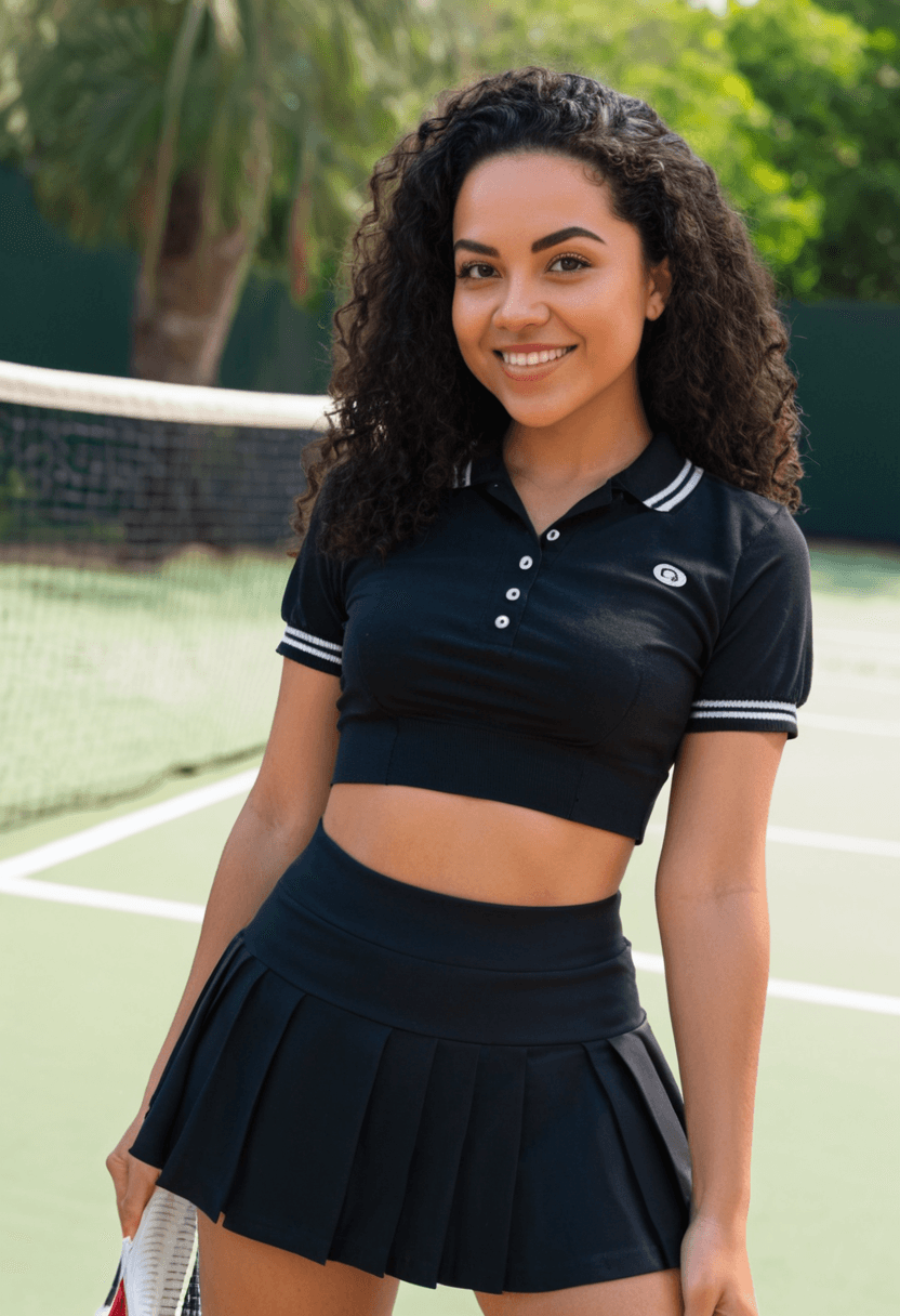 Wearing short black tennis skirt and a crop top shirt, portrait picture, looking at the viewer with a smile