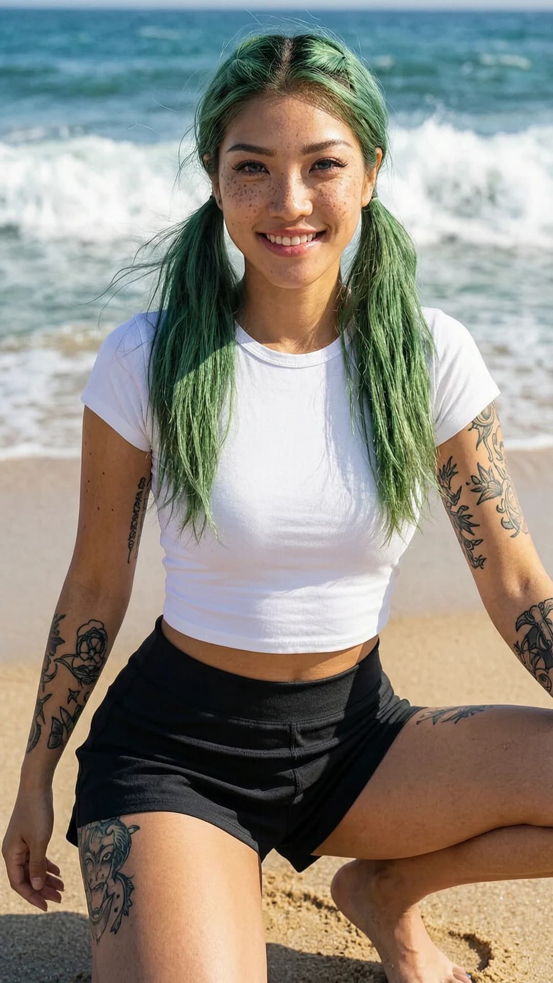 A 24-year-old Asian woman with skinny build, green hair in pigtails, blue eyes and freckles, wearing a tight white crop top shirt and short black tennis skirt that rides up slightly during movement, artistic tattoos visible on her arms and thighs, squatting in an athletic pose with knees bent and thighs flexed on a sunny beach with ocean waves crashing behind, medium close-up portrait from eye-level front angle facing the viewer, direct eye contact with a bright cheerful smile and parted lips, sunny natural lighting with soft shadows, wind-swept hair, Flawless anatomy, no extra digits, no extra limbs, realistic skin texture, high-detail.