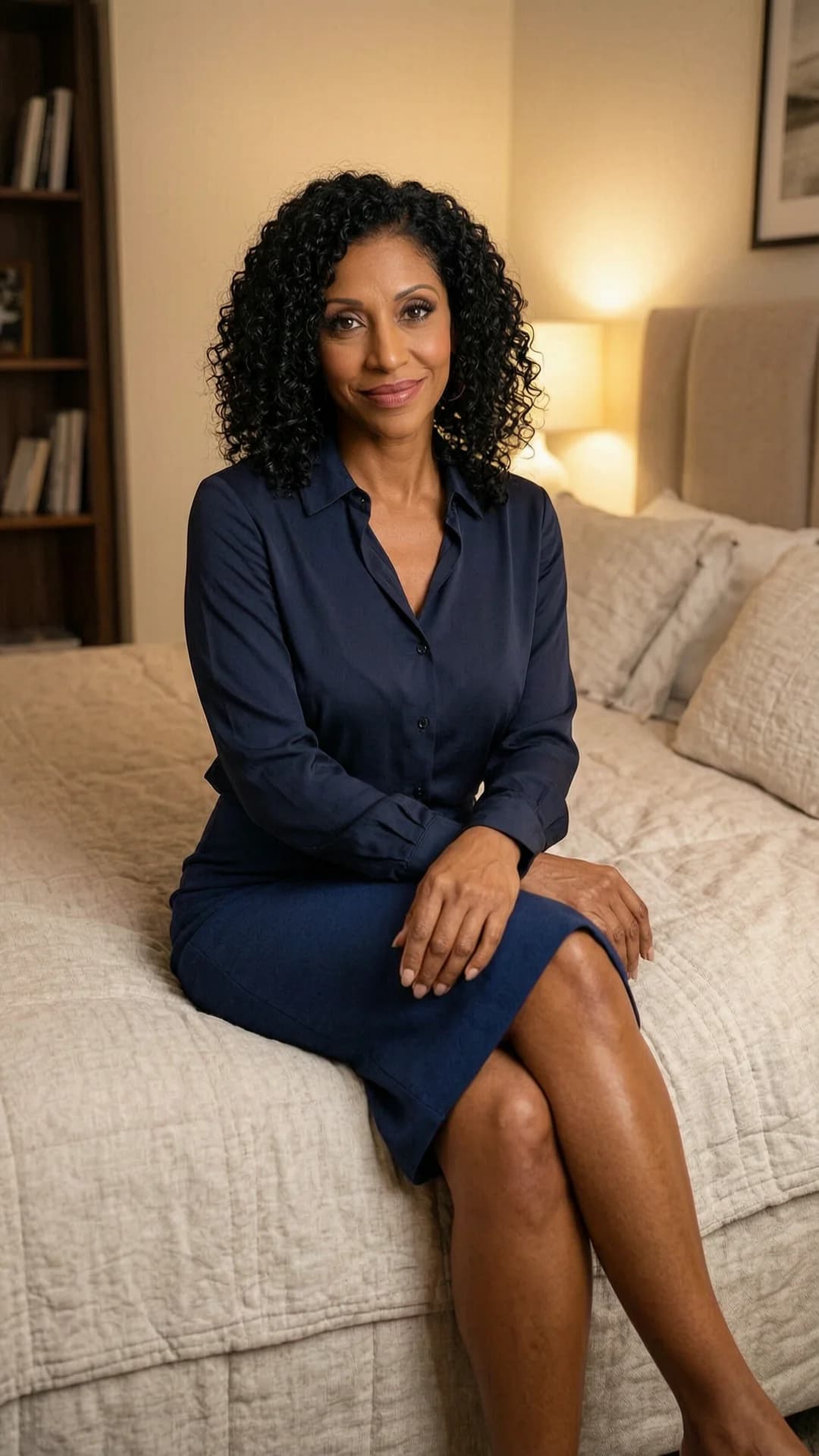 A 48-year-old black woman with a fit body type, curly black hair, and brown eyes, sitting casually in a relaxed pose on the edge of a large bed in a cozy bedroom setting with warm ambient lighting and soft shadows, wearing an elegant knee-length skirt paired with a fitted blouse, legs crossed modestly, hands resting gently on her lap, medium close-up from a slight front angle, direct eye contact with a serene and content expression, lips softly curved in a subtle smile, realistic style, body relaxed with natural posture and soft skin texture, Flawless anatomy, no extra digits, no extra limbs, realistic skin texture, high-detail.