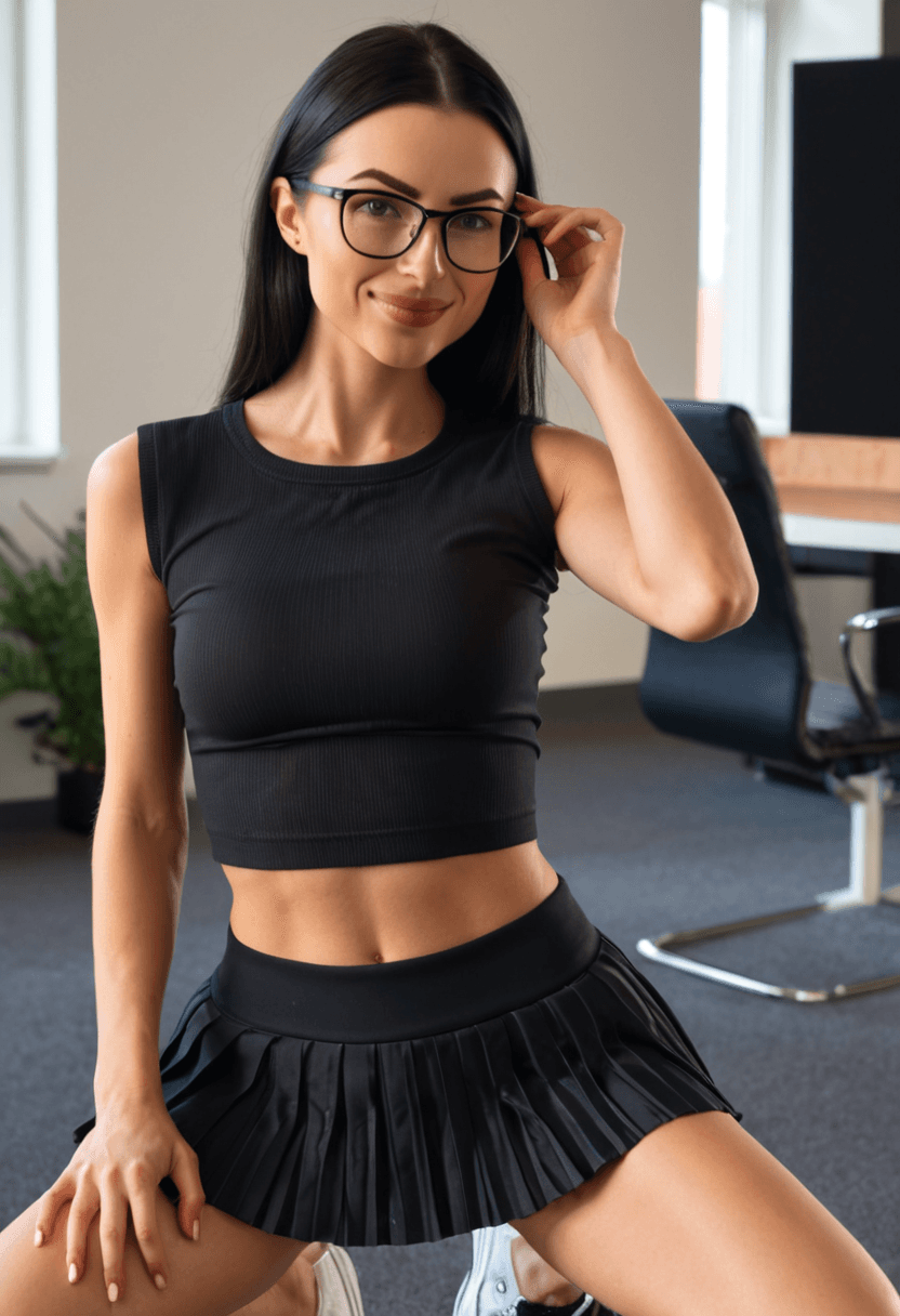 Wearing short black tennis skirt short enough to have half her ass out and a crop top shirt, portrait picture, looking at the viewer with a smile, wearing an elegant knee-length skirt, kneeling pose, elegant position, in a modern office setting