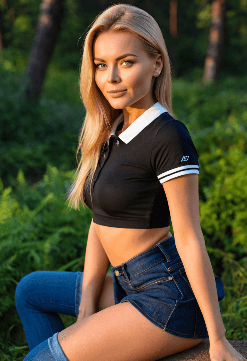 Wearing short black tennis skirt and a crop top shirt, portrait picture, looking at the viewer with a smile, wearing fitted blue jeans, squatting position, athletic pose, in a lush green forest