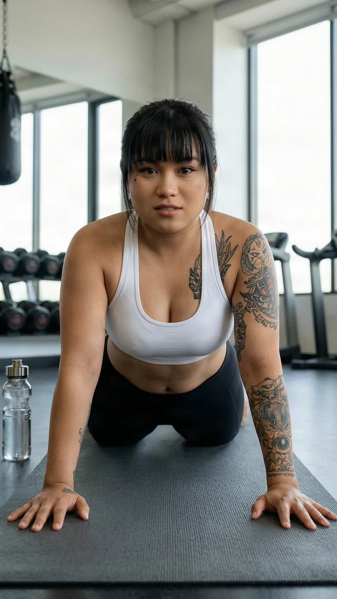 27-year-old Asian woman with black hair in bangs, brown eyes, chubby body type, visible nipple piercings through fabric and intricate tattoos, wearing form-fitting black yoga pants and a tight white sports bra, performing a deep forward stretch pose on a yoga mat in a modern gym with natural window lighting, water bottle nearby, medium close-up from front angle with direct eye contact toward viewer showing focused determined expression and parted lips, toned chubby physique with visible muscle tension and skin sheen, motivational fitness atmosphere, healthy lifestyle vibe, flawless anatomy, no extra digits, no extra limbs, realistic skin texture, high-detail.