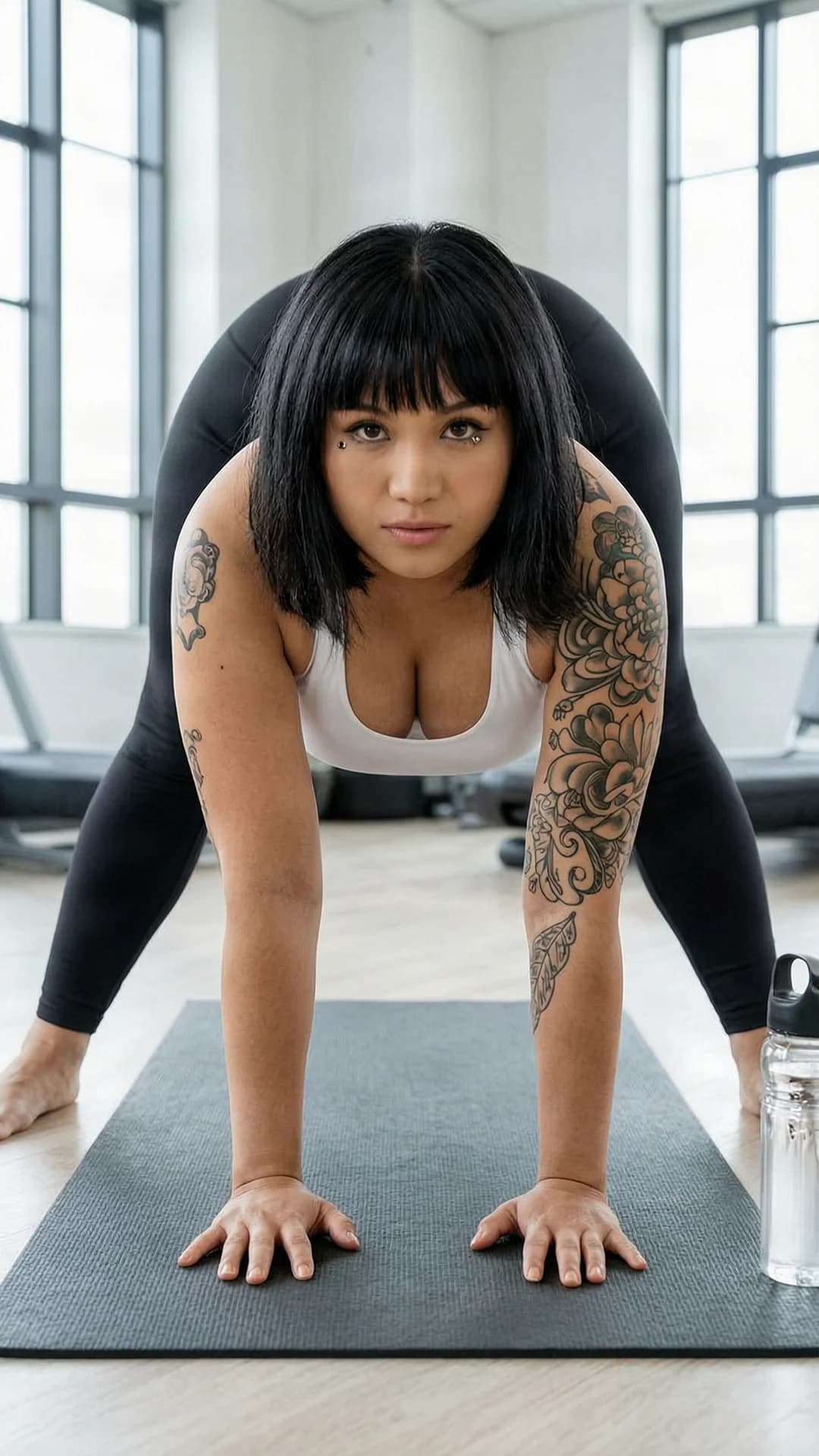 27-year-old Asian woman with black hair in bangs, brown eyes, chubby body type, visible nipple piercings through fabric and intricate tattoos, wearing form-fitting black yoga pants and a tight white sports bra, performing a deep forward fold stretching pose on a yoga mat in a modern gym with natural window lighting, water bottle nearby on the floor, medium close-up from front angle with intense direct eye contact and focused determined expression, chubby physique with soft curves and muscle tension in her arms and legs, motivational fitness photography style, healthy lifestyle vibe, flawless anatomy, no extra digits, no extra limbs, realistic skin texture, high-detail.