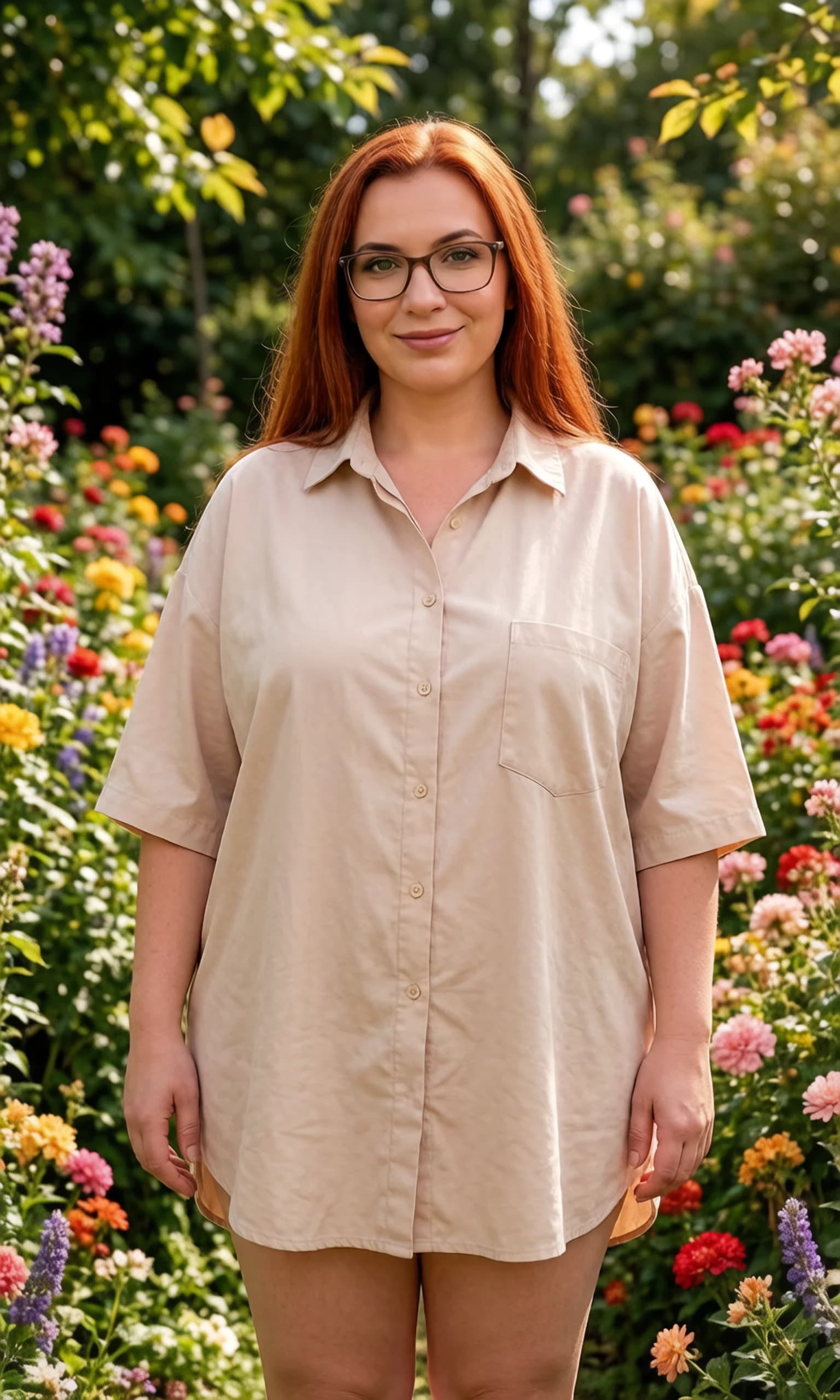 A 33-year-old Caucasian chubby woman with long red hair, green eyes, wearing glasses, standing serenely in a beautiful garden filled with colorful flowers and lush greenery, wearing an oversized shirt falling to mid-thigh with natural pubic hair visible at the hem, direct eye contact with the camera and a gentle serene smile, eye-level full-body shot from front angle, soft natural sunlight filtering through trees, peaceful mood, relaxed posture with hands lightly at sides, soft chubby body physics with gentle skin texture and subtle fabric drape, realistic skin texture, high-detail. Flawless anatomy, no extra digits, no extra limbs, realistic skin texture, high-detail.
