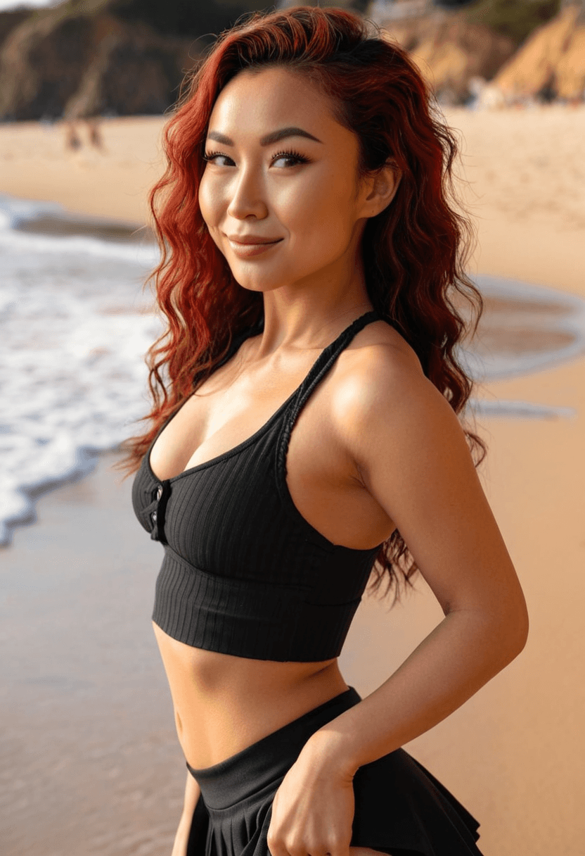 Wearing short black tennis skirt and a crop top shirt, portrait picture, looking at the viewer with a smile, wearing a stylish bikini on the beach