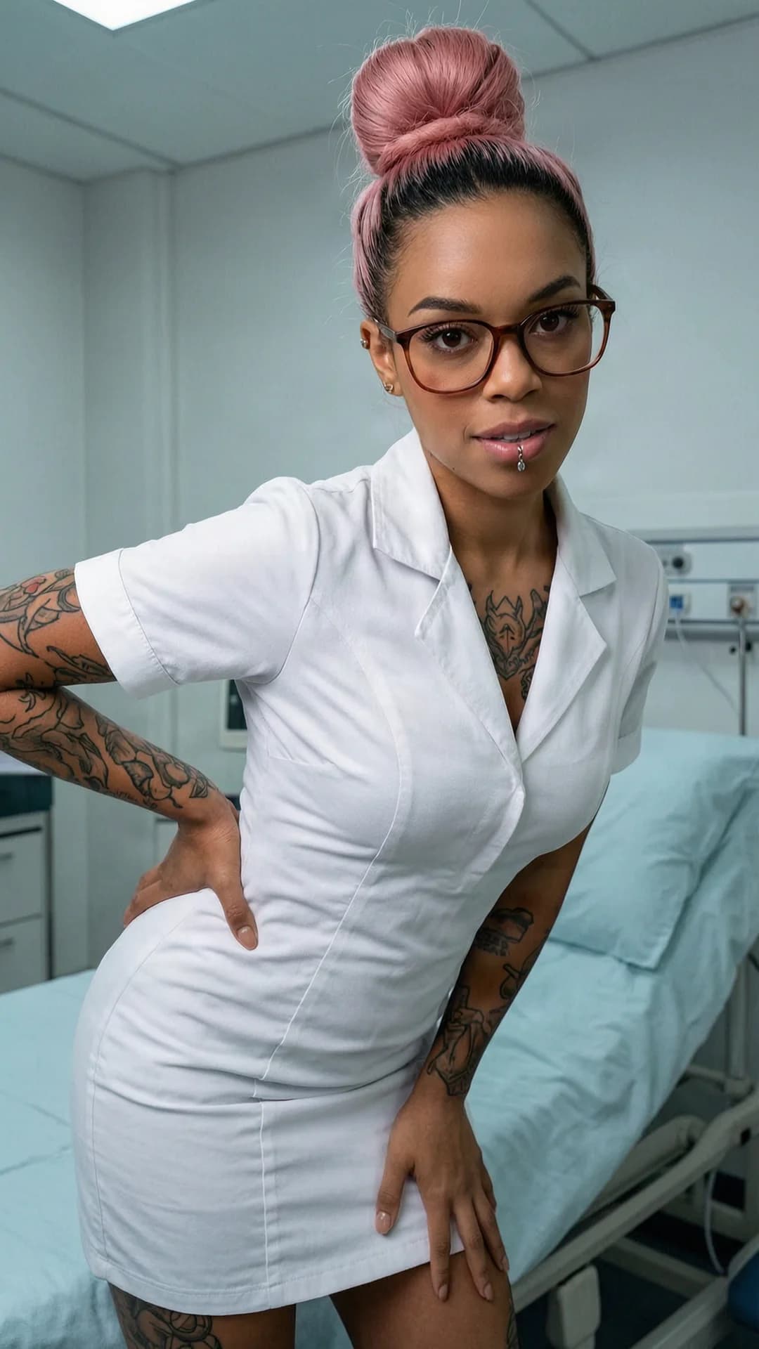 A 24-year-old Latina woman with pink hair in a tight bun, red eyes behind glasses, average body type, visible tattoos on her arms and chest, and nipple piercings pressing visibly through fabric, stands in a sterile hospital room with soft clinical lighting, wearing a tight form-fitting white nurse uniform that clings to her curves and slightly reveals cleavage and the round curve of her butt, seductive pose with one hand on her hip and body slightly arched forward, medium close-up from a low angle POV looking up, intense direct eye contact with seductive lust and playful tempting expression, lips parted, soft shadows accentuating her figure and skin sheen, Flawless anatomy, no extra digits, no extra limbs, realistic skin texture, high-detail.