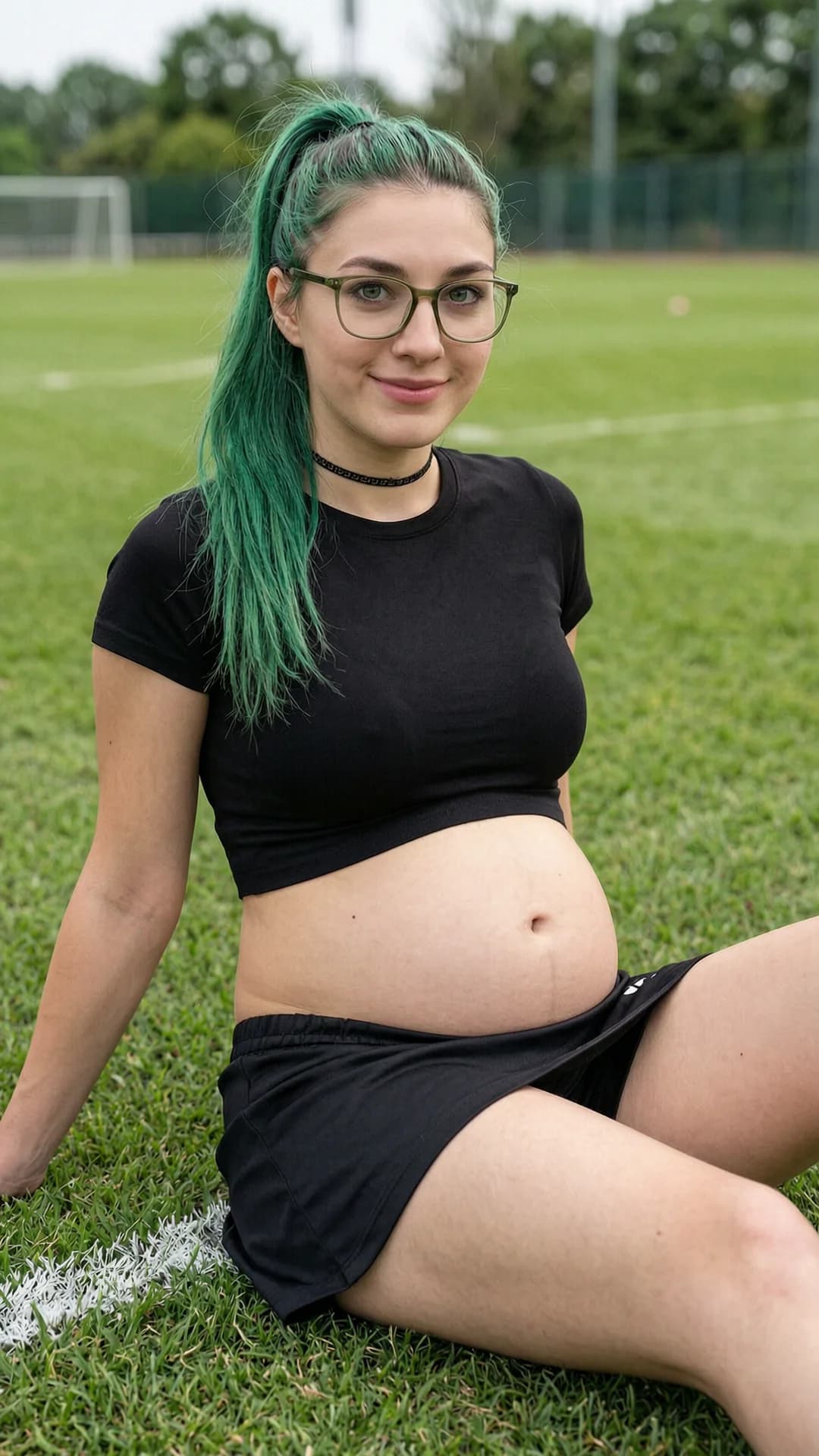 A 24-year-old pregnant Caucasian woman with green hair in a ponytail, green eyes behind stylish glasses, fit body with visible pregnant belly, wearing a short black tennis skirt and crop top shirt exposing her midriff, fashionable choker, sitting casually in a relaxed pose on a grassy soccer field, medium close-up portrait from eye-level front angle, looking directly at the viewer with a warm smile and friendly eye contact, natural daylight with soft shadows, sporty yet relaxed mood, realistic style, Flawless anatomy, no extra digits, no extra limbs, realistic skin texture, high-detail.