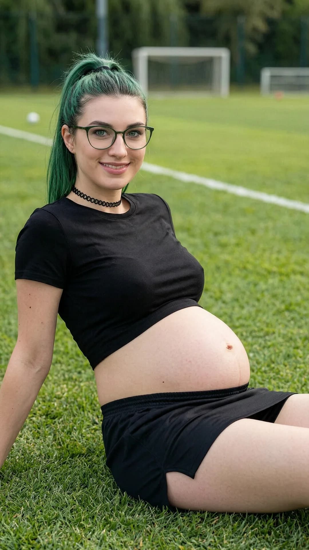 A 24-year-old pregnant Caucasian woman with green hair in a ponytail, green eyes behind stylish glasses, fit body with visible pregnant belly, wearing a short black tennis skirt and crop top shirt exposing her midriff, fashionable choker, sitting casually in a relaxed pose on a grassy soccer field, medium close-up portrait from eye-level front angle, looking directly at the viewer with a warm smile and friendly eye contact, natural daylight with soft shadows, sporty yet relaxed mood, realistic style, Flawless anatomy, no extra digits, no extra limbs, realistic skin texture, high-detail.