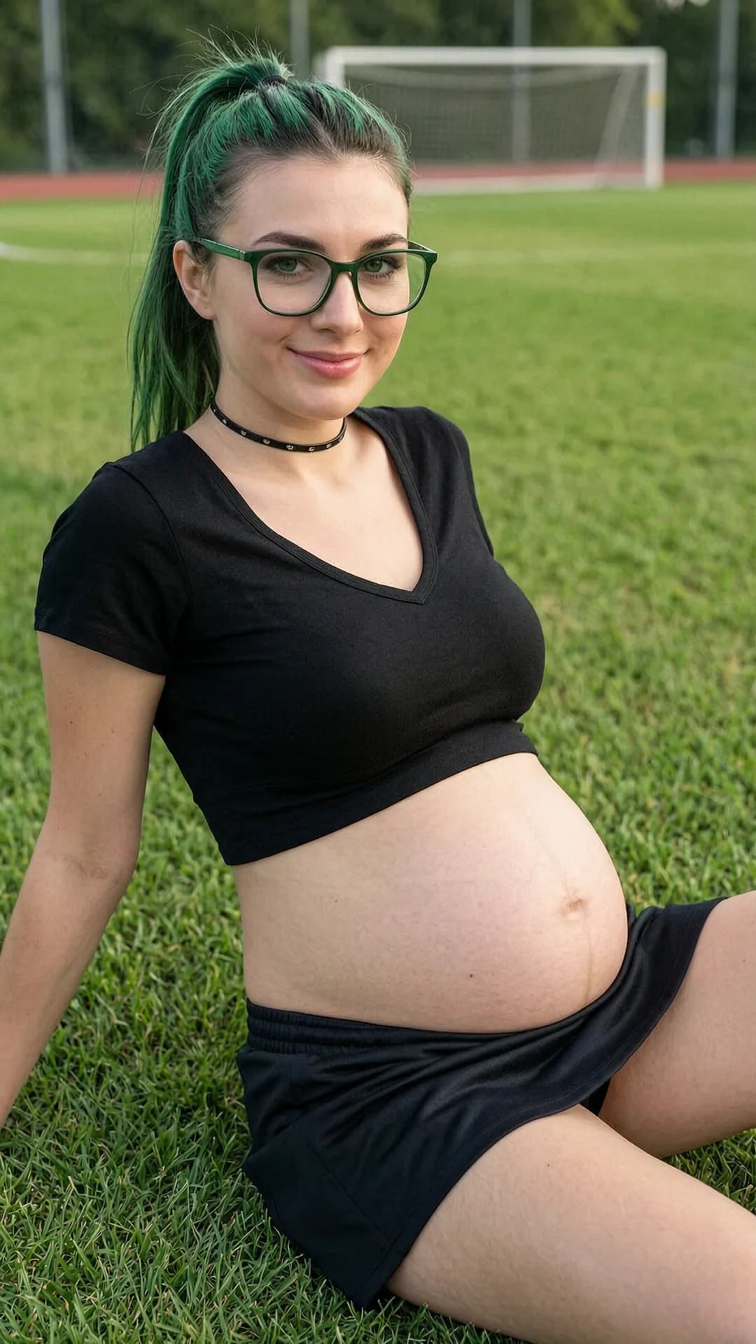 A 24-year-old pregnant Caucasian woman with green hair in a ponytail, green eyes behind stylish glasses, fit body with visible pregnant belly, wearing a short black tennis skirt and crop top shirt exposing her midriff, fashionable choker, sitting casually in a relaxed pose on a grassy soccer field, medium close-up portrait from eye-level front angle, looking directly at the viewer with a warm smile and friendly eye contact, natural daylight with soft shadows, sporty yet relaxed mood, realistic style, Flawless anatomy, no extra digits, no extra limbs, realistic skin texture, high-detail.
