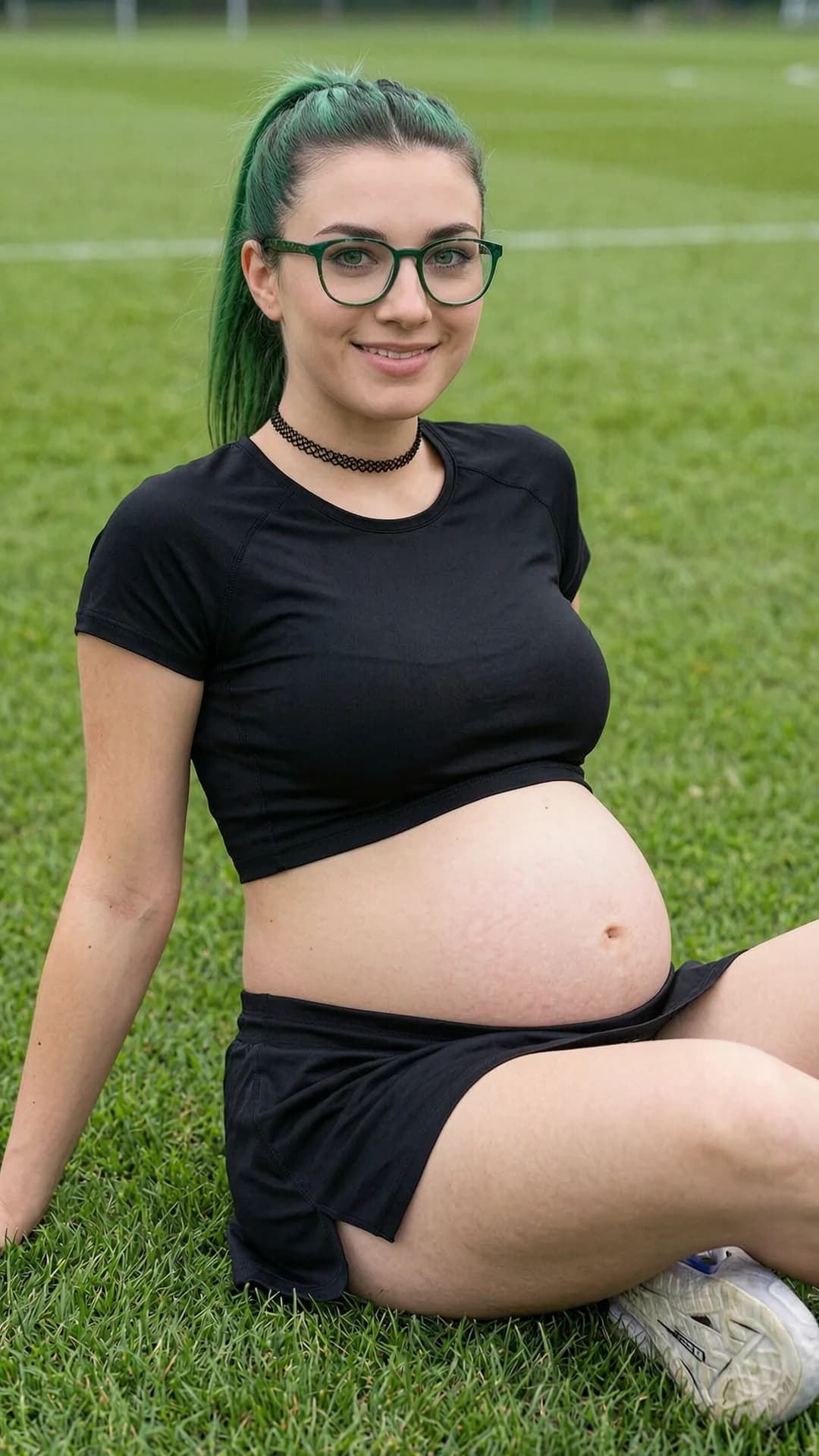 A 24-year-old pregnant Caucasian woman with green hair in a ponytail, green eyes behind stylish glasses, fit body with visible pregnant belly, wearing a short black tennis skirt and crop top shirt exposing her midriff, fashionable choker, sitting casually in a relaxed pose on a grassy soccer field, medium close-up portrait from eye-level front angle, looking directly at the viewer with a warm smile and friendly eye contact, natural daylight with soft shadows, sporty yet relaxed mood, realistic style, Flawless anatomy, no extra digits, no extra limbs, realistic skin texture, high-detail.