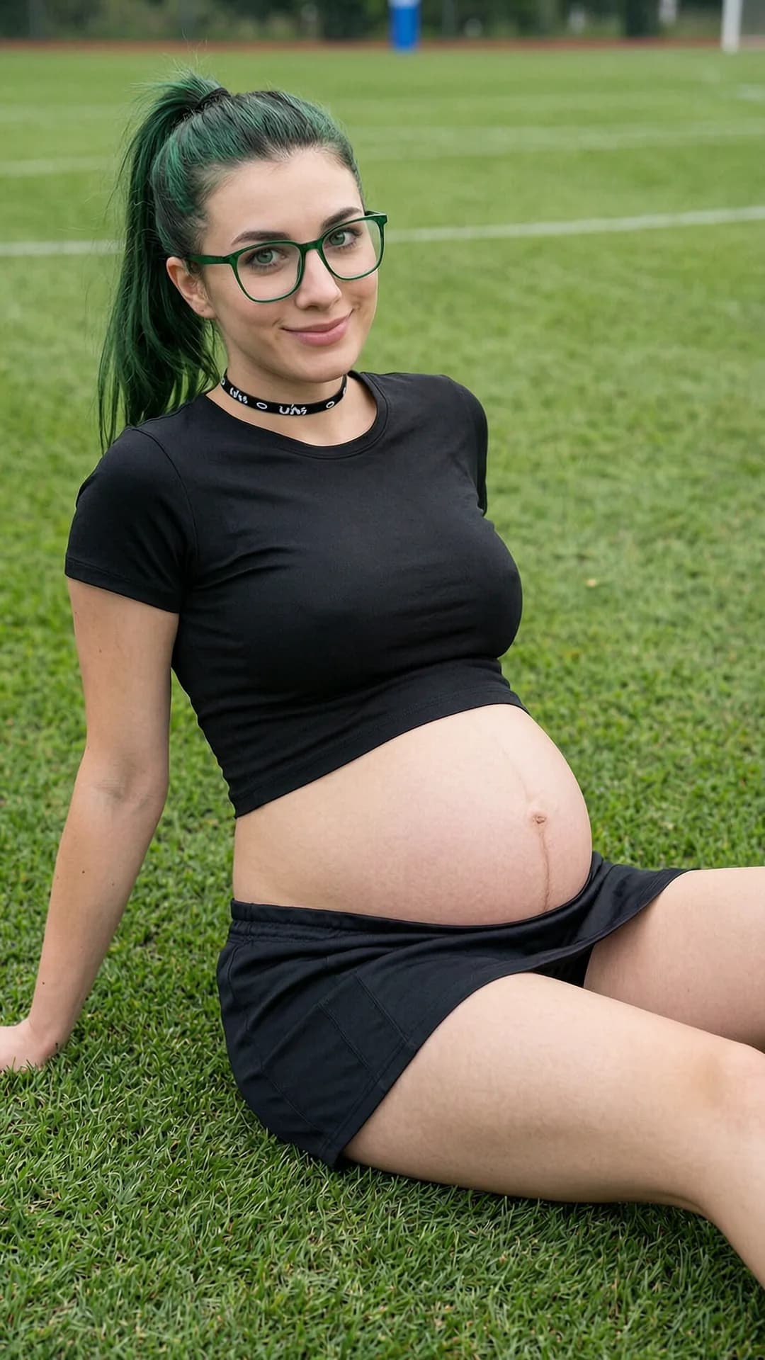 A 24-year-old pregnant Caucasian woman with green hair in a ponytail, green eyes behind stylish glasses, fit body with visible pregnant belly, wearing a short black tennis skirt and crop top shirt exposing her midriff, fashionable choker, sitting casually in a relaxed pose on a grassy soccer field, medium close-up portrait from eye-level front angle, looking directly at the viewer with a warm smile and friendly eye contact, natural daylight with soft shadows, sporty yet relaxed mood, realistic style, Flawless anatomy, no extra digits, no extra limbs, realistic skin texture, high-detail.