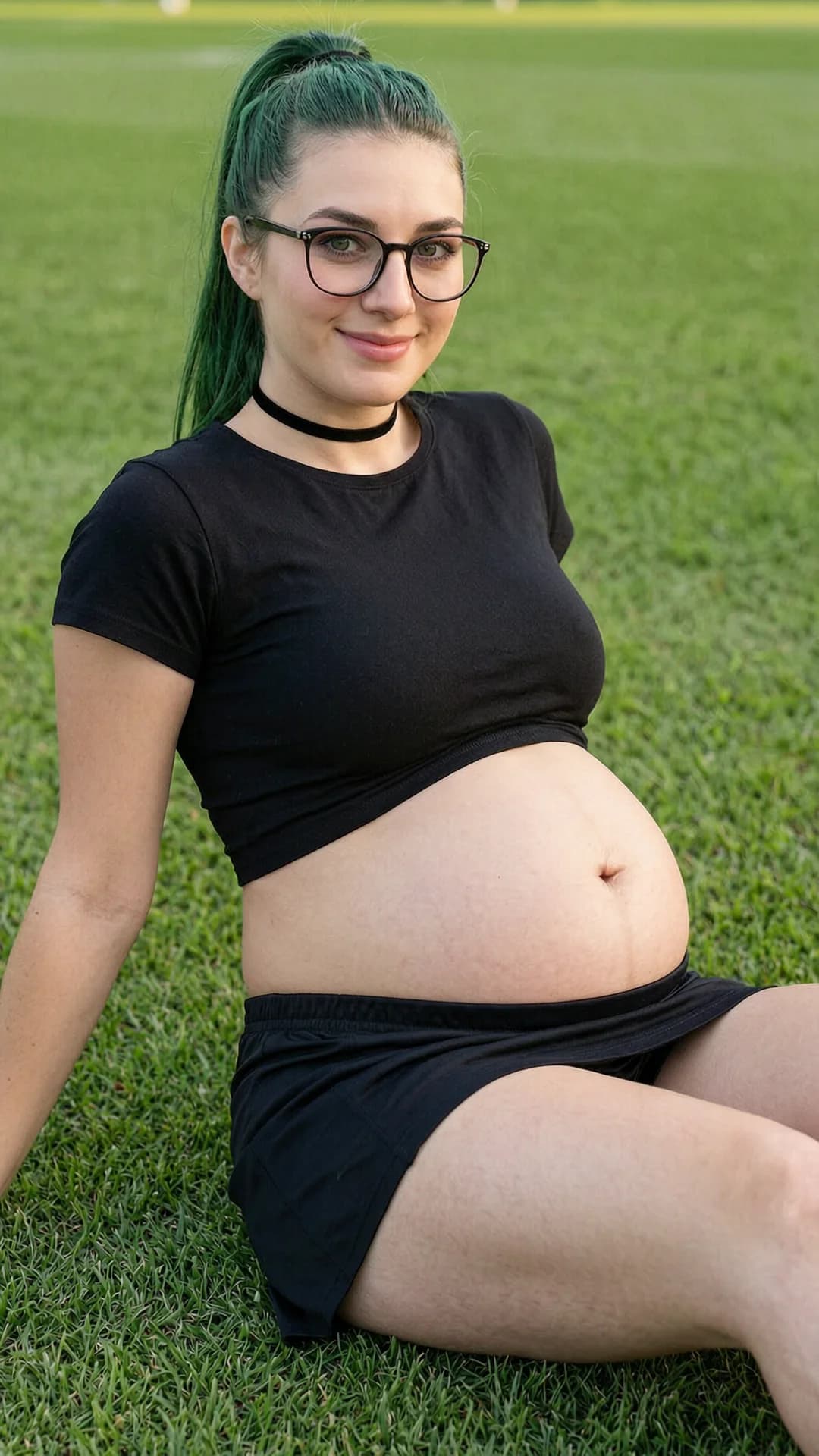 A 24-year-old pregnant Caucasian woman with green hair in a ponytail, green eyes behind stylish glasses, fit body with visible pregnant belly, wearing a short black tennis skirt and crop top shirt exposing her midriff, fashionable choker, sitting casually in a relaxed pose on a grassy soccer field, medium close-up portrait from eye-level front angle, looking directly at the viewer with a warm smile and friendly eye contact, natural daylight with soft shadows, sporty yet relaxed mood, realistic style, Flawless anatomy, no extra digits, no extra limbs, realistic skin texture, high-detail.