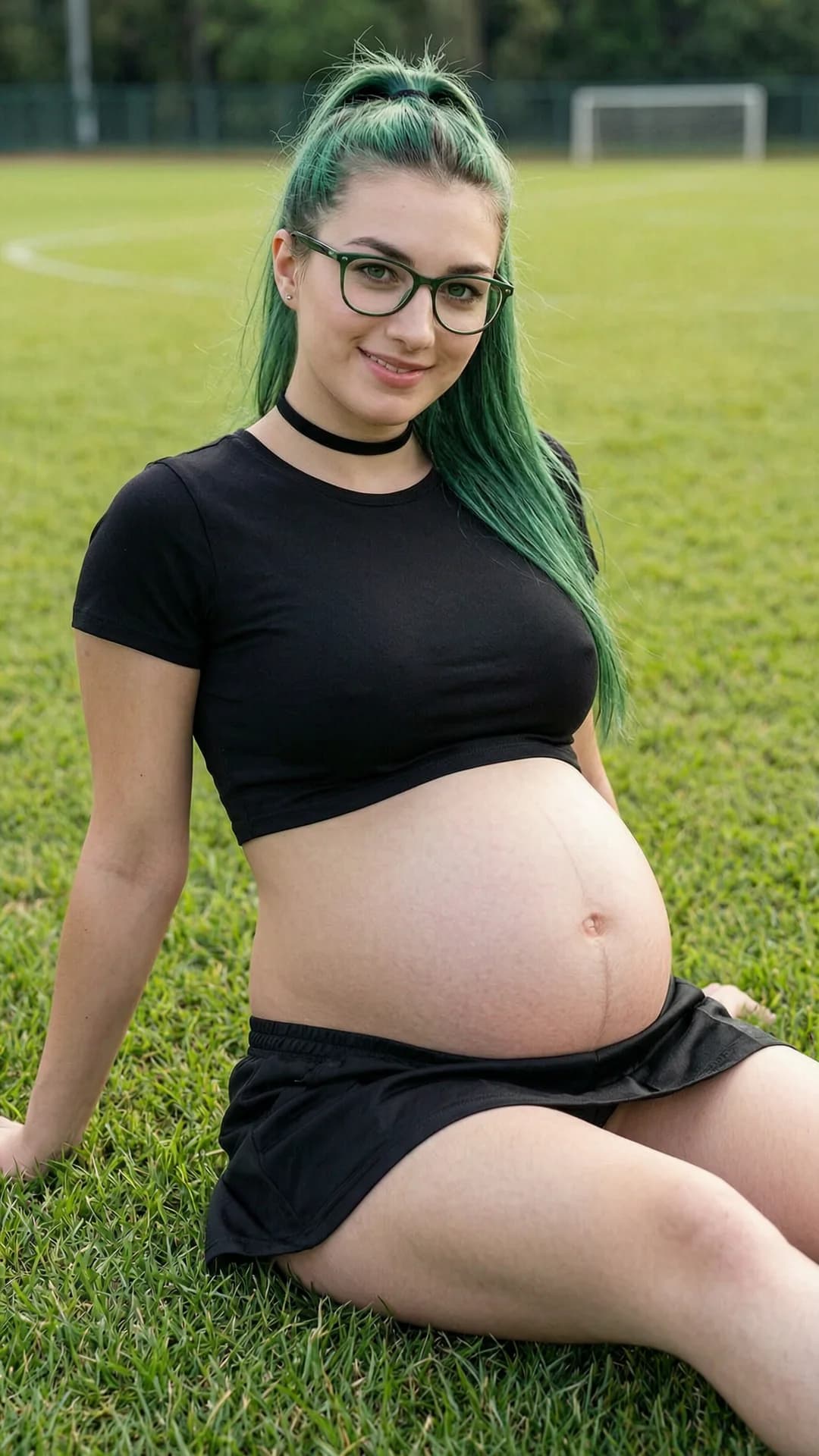 A 24-year-old pregnant Caucasian woman with green hair in a ponytail, green eyes behind stylish glasses, fit body with visible pregnant belly, wearing a short black tennis skirt and crop top shirt exposing her midriff, fashionable choker, sitting casually in a relaxed pose on a grassy soccer field, medium close-up portrait from eye-level front angle, looking directly at the viewer with a warm smile and friendly eye contact, natural daylight with soft shadows, sporty yet relaxed mood, realistic style, Flawless anatomy, no extra digits, no extra limbs, realistic skin texture, high-detail.