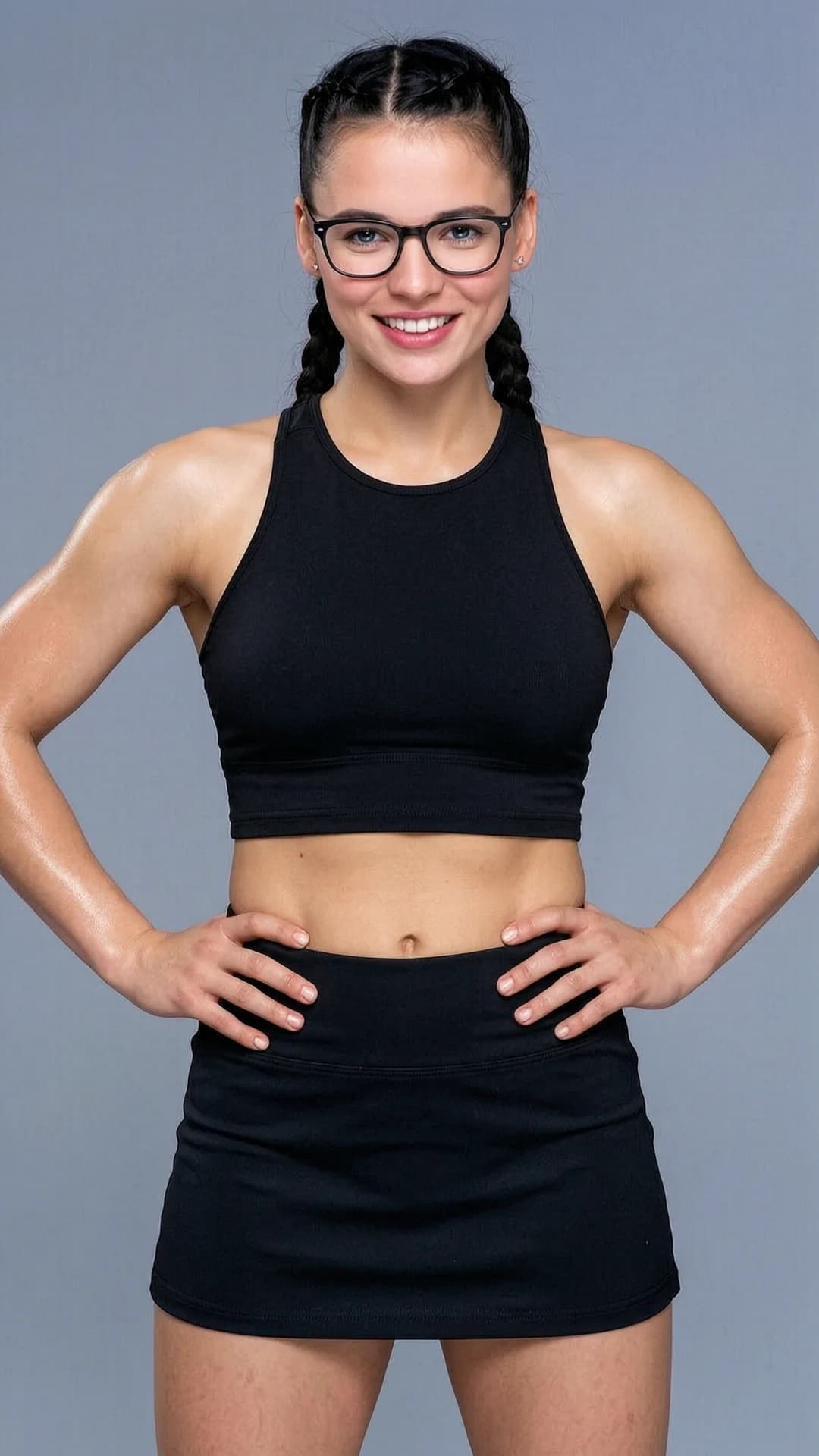 24-year-old Caucasian woman with black braids, blue eyes, muscular athletic build and wearing glasses, dressed in a short black tennis skirt hugging her toned thighs and a tight crop top shirt exposing her midriff, standing confidently with hands on hips and shoulders squared toward the camera, medium close-up portrait from a direct front eye-level angle, intense direct eye contact with the viewer and a bright warm smile, soft natural daylight illuminating her defined muscles and smooth skin with subtle sheen on her athletic physique, realistic style, cheerful energetic mood, Flawless anatomy, no extra digits, no extra limbs, realistic skin texture, high-detail.