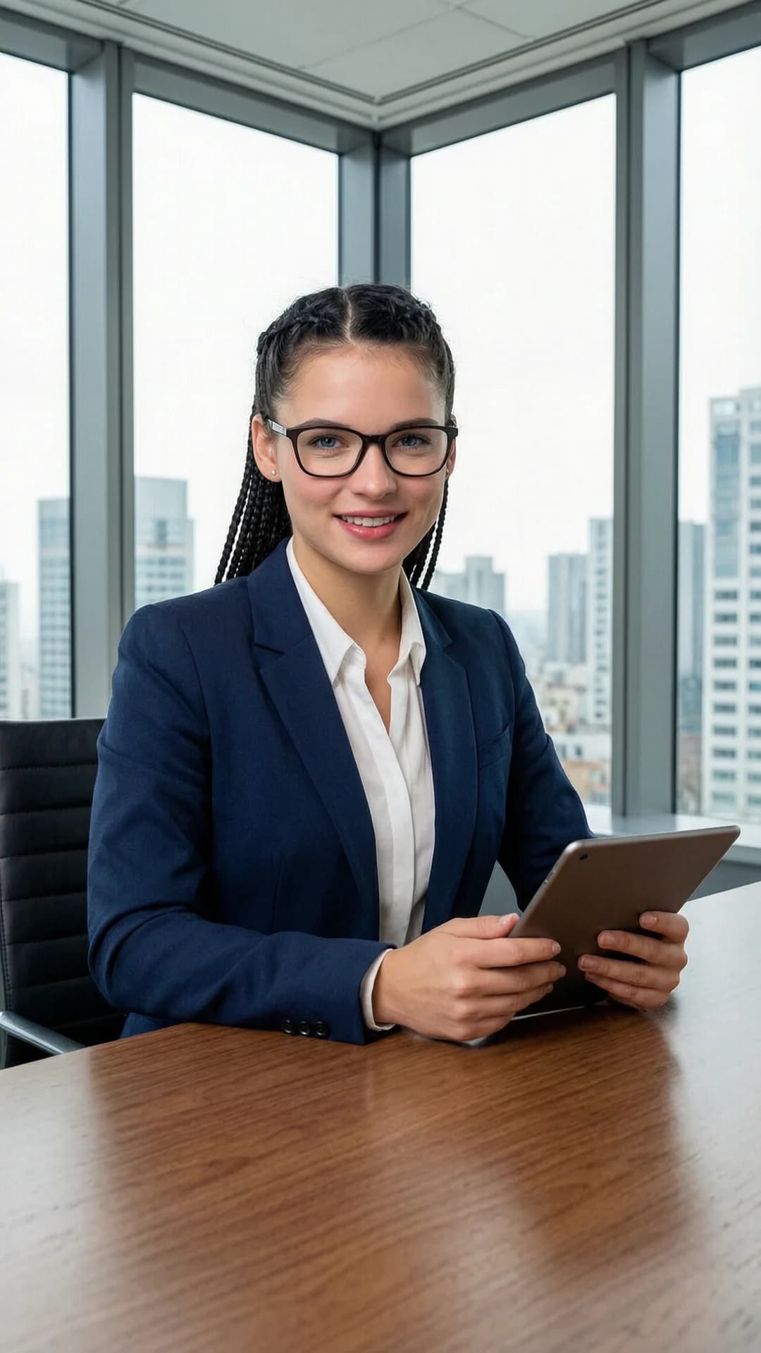 A 24-year-old Caucasian woman with muscular build, black braided hair, blue eyes and wearing glasses, confident businesswoman in tailored navy blue power suit sitting upright at an executive desk in a modern corner office with city skyline visible through floor-to-ceiling windows, professional headshot style medium close-up from front angle, warm smile holding tablet in both hands, sophisticated makeup, direct eye contact with warm confident expression, soft natural lighting illuminating her face and shoulders, realistic style, Flawless anatomy, no extra digits, no extra limbs, realistic skin texture, high-detail.