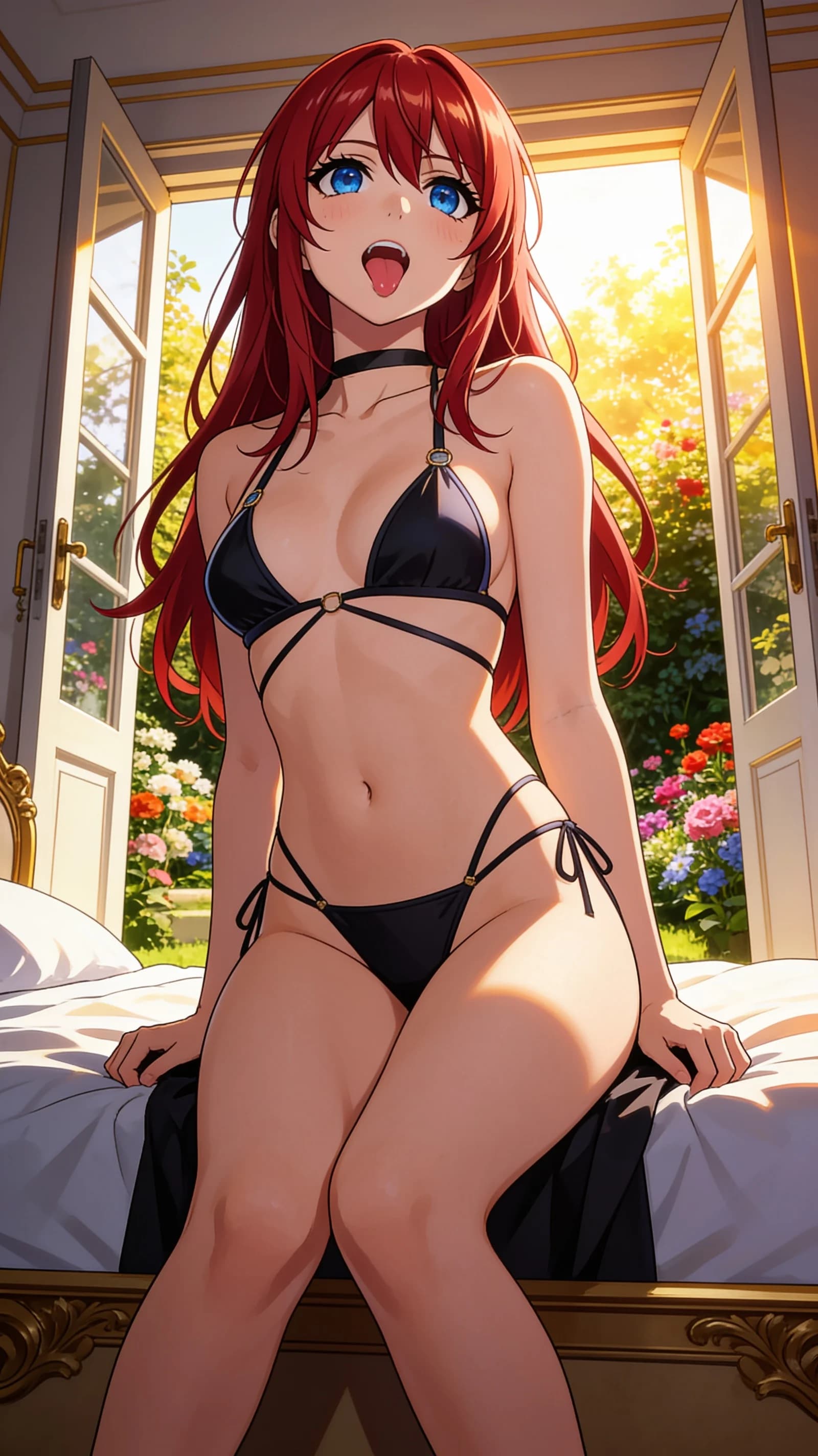 anime style, 2D cel-shaded anime illustration, anime key visual, flat cel shading, clean bold line art, vibrant saturated colors, large detailed expressive anime eyes with crisp catchlights, flat 2D rendering, not photorealistic, not 3D render, 24-year-old Caucasian woman with long flowing red hair, bright blue eyes, fit toned body, sitting casually in a relaxed pose on the edge of a luxurious bed inside a sunlit bedroom that opens directly onto a beautiful garden filled with colorful blooming flowers, wearing a stylish revealing bikini, ahegao expression with intense upward eye contact toward viewer showing overwhelming lust and ecstasy, tongue lolling out, flushed cheeks, vertical 9:16 portrait composition with character centered and filling the frame from head to mid-thigh, medium close-up from a low front angle, soft warm golden-hour sunlight streaming through open garden doors creating gentle rim lighting and vibrant highlights on skin and fabric, relaxed body language with legs slightly parted and hands resting loosely at sides, detailed anime cel shading, crisp clean linework, correct anatomy, hands cleanly drawn with five fingers, studio-quality anime key visual; avoid: photorealistic, 3D render, extra fingers, deformed hands, blurry, low detail.