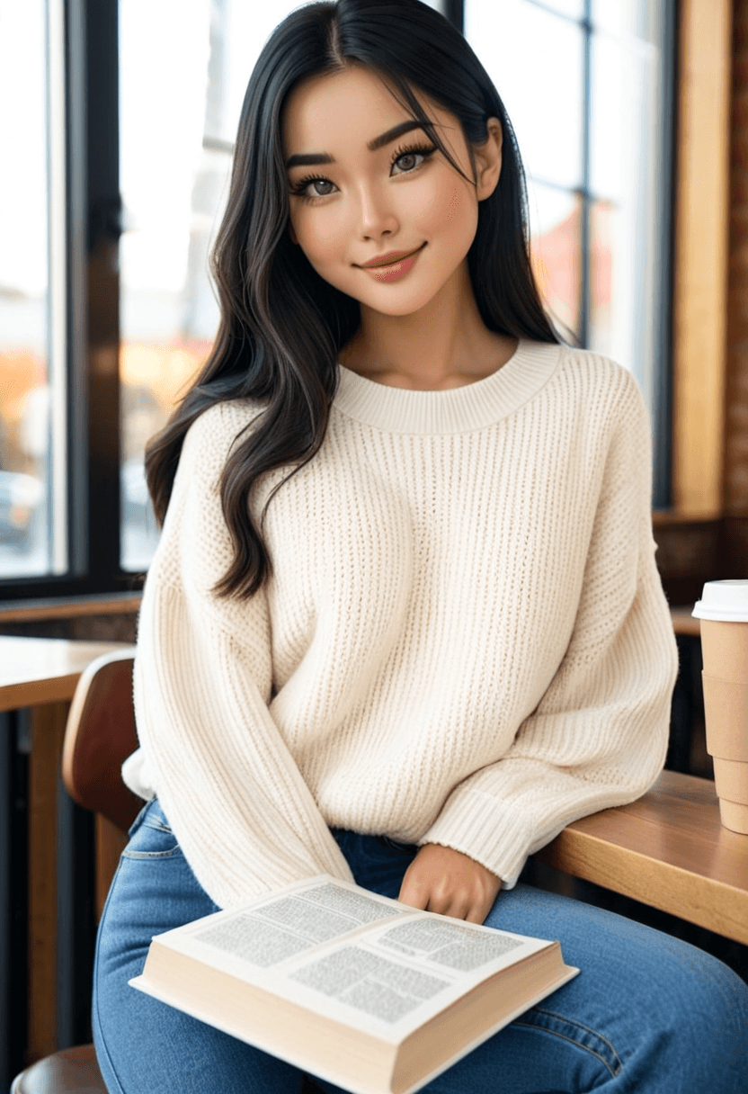 Relaxed woman wearing fitted jeans and cozy oversized sweater, sitting in trendy coffee shop with latte, natural sunlight through large windows, genuine laughing expression, casual lifestyle photography, warm autumn colors, holding book, comfortable and approachable vibe