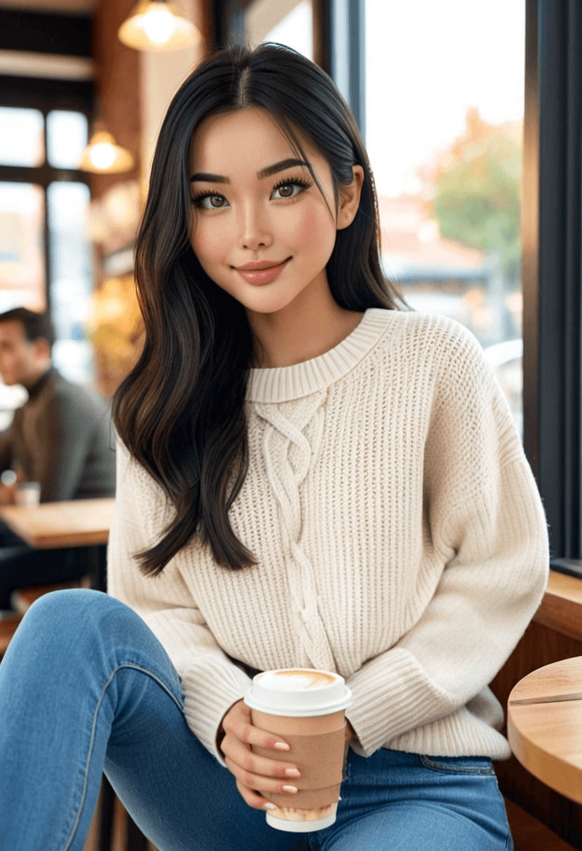 Relaxed woman wearing fitted jeans and cozy oversized sweater, sitting in trendy coffee shop with latte, natural sunlight through large windows, genuine laughing expression, casual lifestyle photography, warm autumn colors, holding book, comfortable and approachable vibe
