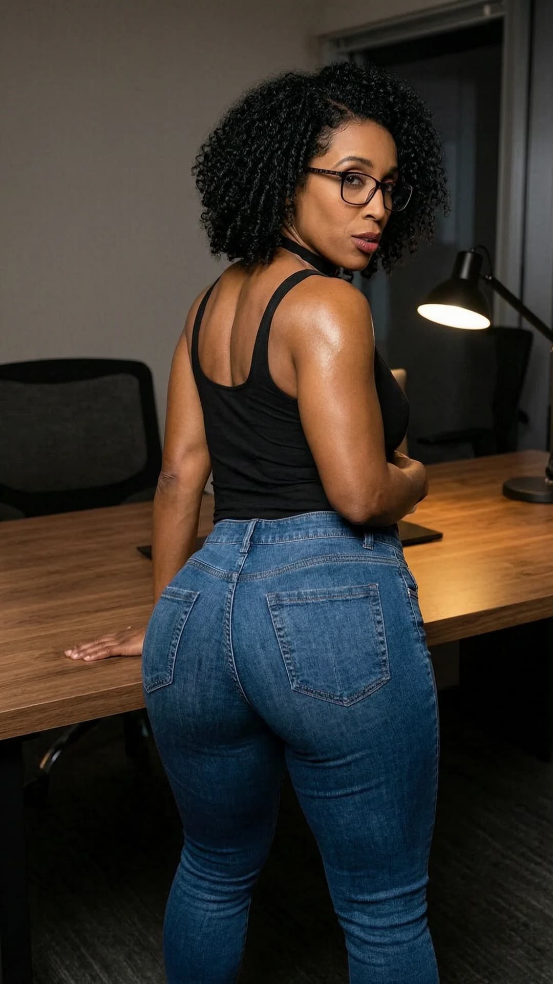 A 39-year-old muscular black woman with curly black hair, brown eyes, and glasses, bent over a wooden office desk in a dimly lit modern workspace, wearing tight fitted blue jeans that accentuate her powerful thighs and glutes along with a fashionable black choker, posing with her muscular back arched and hips tilted, looking back over her shoulder with intense seductive eye contact and a come-hither expression, lips parted, visible muscle tension across her shoulders and arms, subtle skin sheen under soft warm ambient lighting, captured from a medium close-up rear three-quarter angle, realistic style, Flawless anatomy, no extra digits, no extra limbs, realistic skin texture, high-detail.
