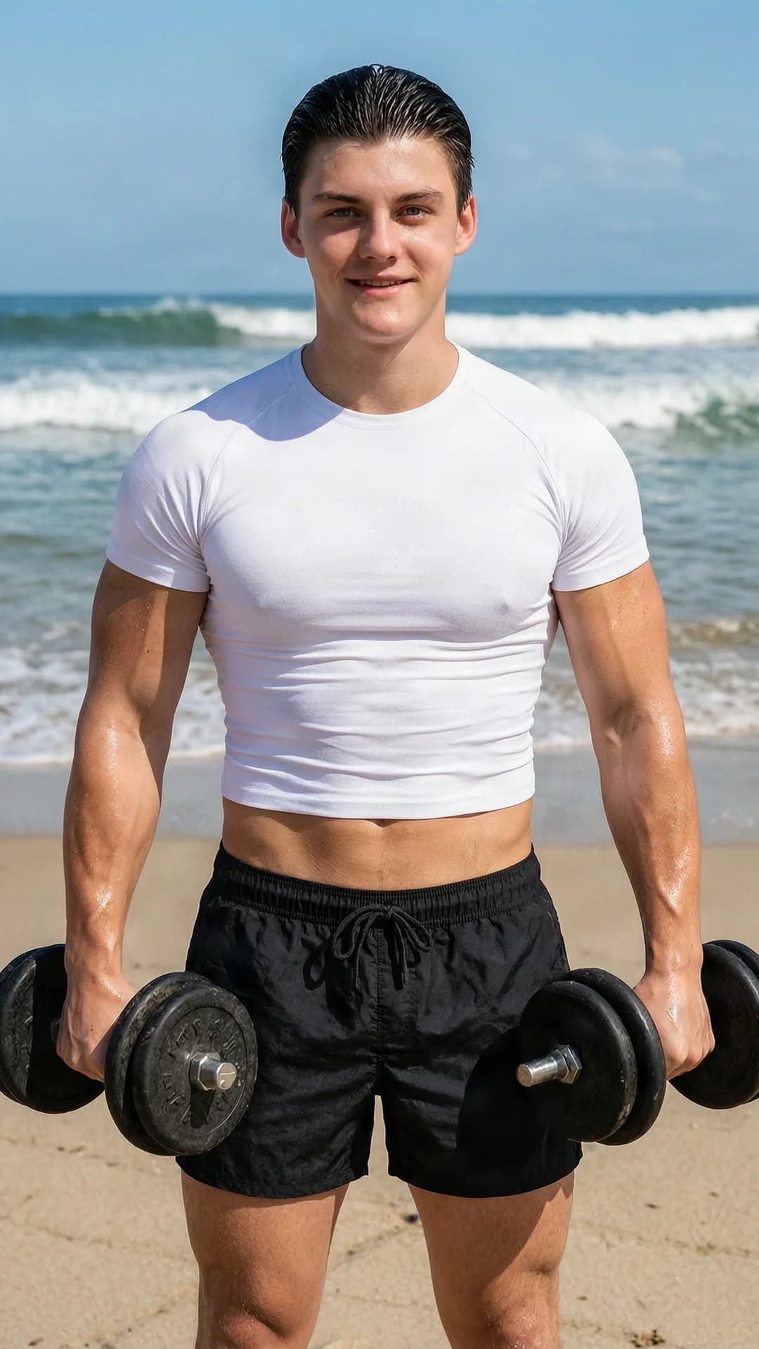21-year-old Caucasian man with slick back black hair, blue eyes, and muscular body type, wearing a tight white crop top shirt and stylish black swim shorts as beach ready attire, standing confidently with shoulders back in a commanding power pose while lifting heavy dumbbells to showcase muscular strength and definition, on a sunny beach with ocean waves crashing in the background, outdoor setting with bright natural sunlight casting sharp highlights on his skin and tense muscles, medium close-up portrait from eye-level front angle, direct eye contact with the viewer and a confident smile, lips parted slightly, body physics showing flexed biceps and chest under the fabric, sweat sheen on skin, Flawless anatomy, no extra digits, no extra limbs, realistic skin texture, high-detail.