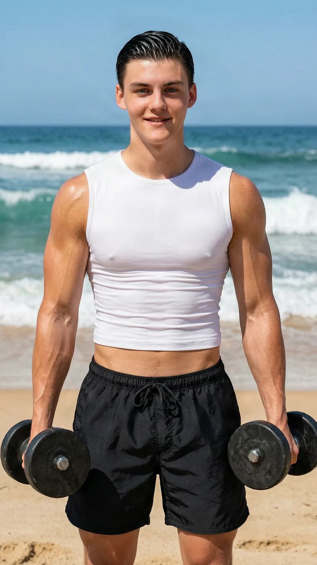 21-year-old Caucasian man with slick back black hair, blue eyes, and muscular body type, wearing a tight white crop top shirt and stylish black swim shorts as beach ready attire, standing confidently with shoulders back in a commanding power pose while lifting heavy dumbbells to showcase muscular strength and definition, on a sunny beach with ocean waves crashing in the background, outdoor setting with bright natural sunlight casting sharp highlights on his skin and tense muscles, medium close-up portrait from eye-level front angle, direct eye contact with the viewer and a confident smile, lips parted slightly, body physics showing flexed biceps and chest under the fabric, sweat sheen on skin, Flawless anatomy, no extra digits, no extra limbs, realistic skin texture, high-detail.