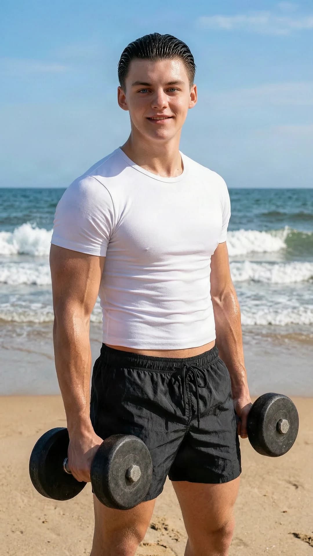 21-year-old Caucasian man with slick back black hair, blue eyes, and muscular body type, wearing a tight white crop top shirt and stylish black swim shorts as beach ready attire, standing confidently with shoulders back in a commanding power pose while lifting heavy dumbbells to showcase muscular strength and definition, on a sunny beach with ocean waves crashing in the background, outdoor setting with bright natural sunlight casting sharp highlights on his skin and tense muscles, medium close-up portrait from eye-level front angle, direct eye contact with the viewer and a confident smile, lips parted slightly, body physics showing flexed biceps and chest under the fabric, sweat sheen on skin, Flawless anatomy, no extra digits, no extra limbs, realistic skin texture, high-detail.