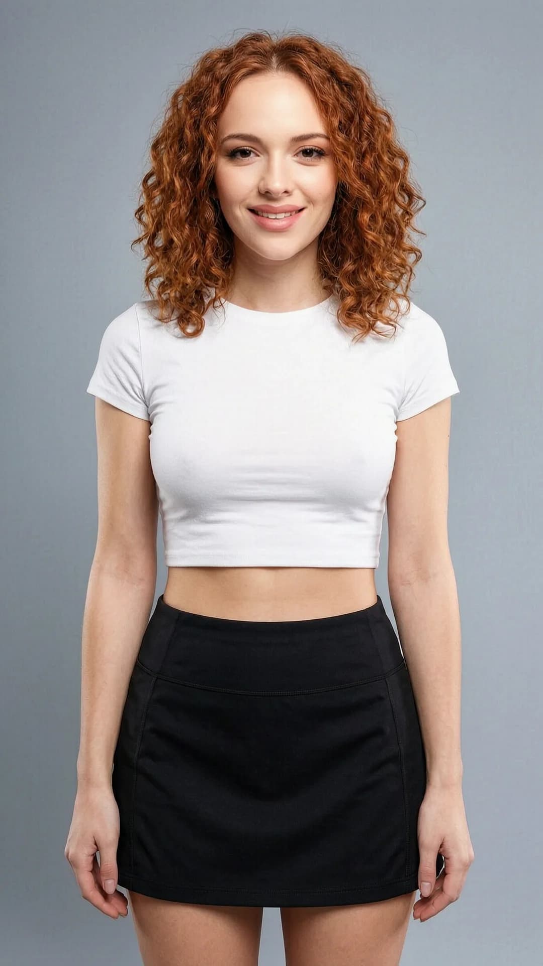 A realistic close-up portrait of a 21-year-old caucasian woman with curly red hair, brown eyes and a skinny body type, standing facing forward in a neutral studio setting with soft diffused lighting, wearing a tight white crop top shirt that exposes her midriff and a short black tennis skirt as a fashionable mini skirt, hands lightly resting at her sides, medium close-up from frontal eye-level angle with direct warm smiling eye contact toward the viewer and lips gently parted in a soft smile, body slightly angled with natural posture and subtle fabric folds on clothing, Flawless anatomy, no extra digits, no extra limbs, realistic skin texture, high-detail.