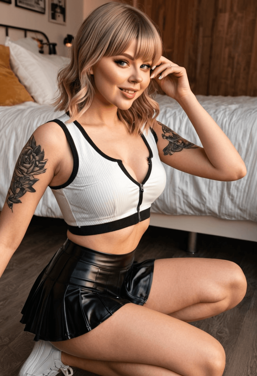 Wearing short black tennis skirt and a crop top shirt, portrait picture, looking at the viewer with a smile, wearing a sleek latex skirt, squatting position, athletic pose, with artistic tattoos, in a cozy bedroom setting, wearing a fashionable mini skirt