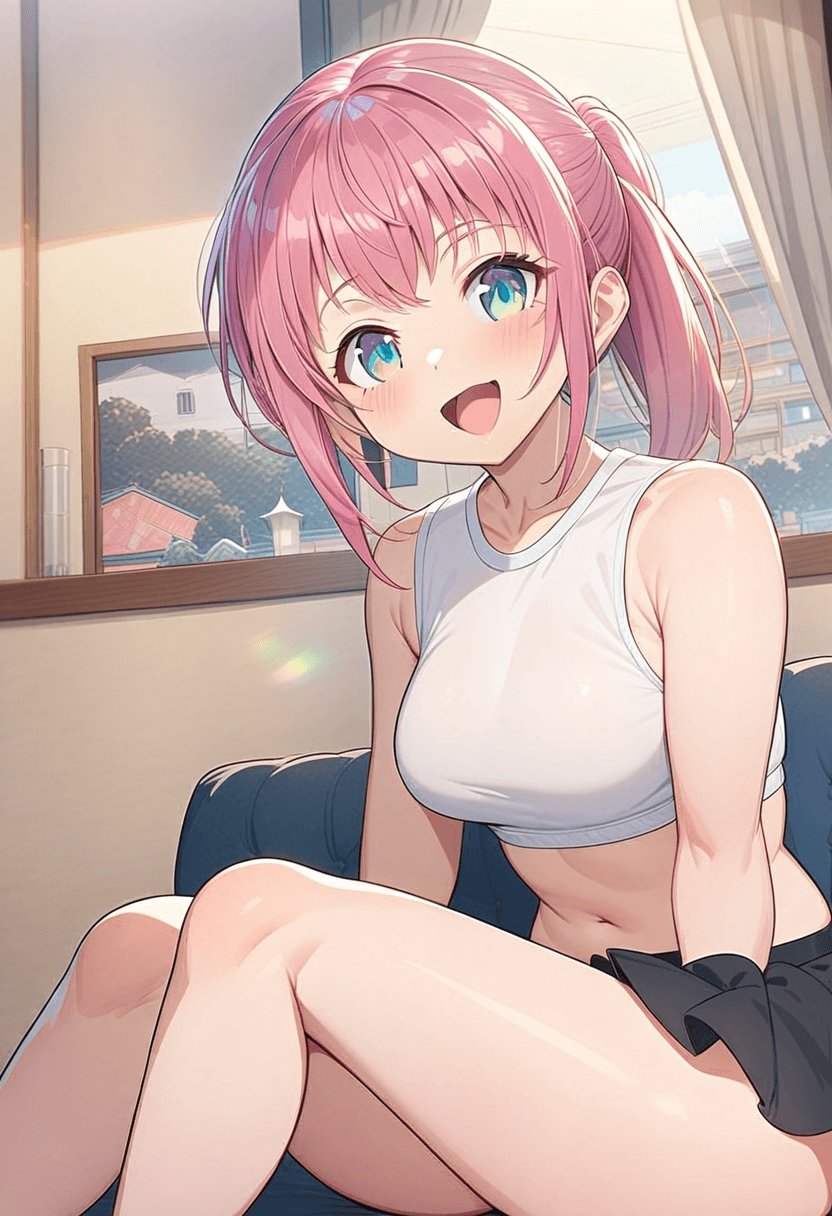 1girl, solo, full body, anime style, 24-year-old asian woman, fit body, small breasts, small butt, short black tennis skirt, crop top shirt, portrait picture, looking at viewer, smiling, detailed face, vibrant colors, high quality, masterpiece, wearing an elegant knee-length skirt, sitting casually, relaxed pose, dining at an elegant restaurant, in a cozy bedroom setting