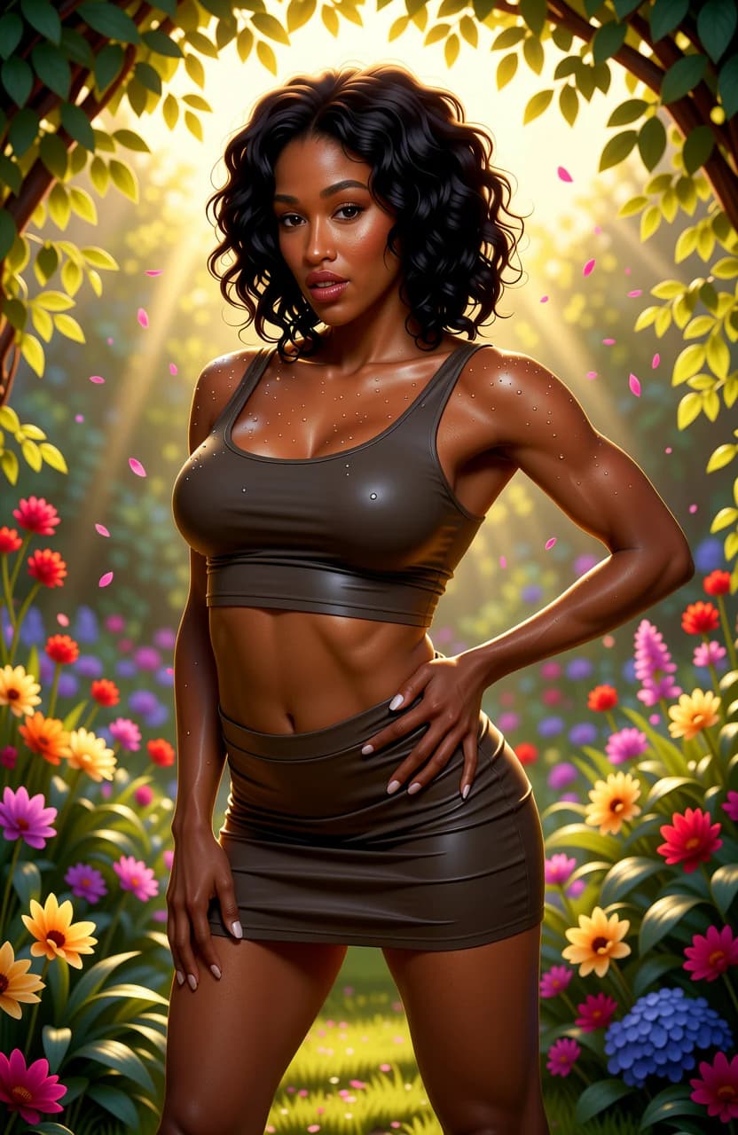 24-year-old black woman with muscular body type, brown eyes, black curly hair, realistic style, standing seductively in a lush beautiful garden surrounded by vibrant blooming flowers, lush greenery, and dew-kissed leaves under soft golden hour sunlight filtering through canopy creating dappled warm glows and long shadows, wearing a tight fashionable mini skirt that hugs her powerful thighs and a cropped top accentuating her toned abs and firm large breasts with subtle sheen of sweat on her smooth dark skin, dynamic pose with one hand on hip, back arched to emphasize muscular curves, leg definition, and glute prominence, medium close-up from low front angle looking up at her, intense upward eye contact with confident playful lust and lips parted in a teasing smile, body physics showing taut muscle tension in quads and glutes with visible striations, breasts lifted naturally with slight bounce and jiggle from arched posture, radiant skin glow and dewy texture from garden humidity highlighting every pore and muscle contour, cinematic mood of empowering sensuality and natural beauty with ethereal light rays and petal confetti in air, flawless anatomy, no extra digits, no extra limbs, realistic skin texture, high-detail.