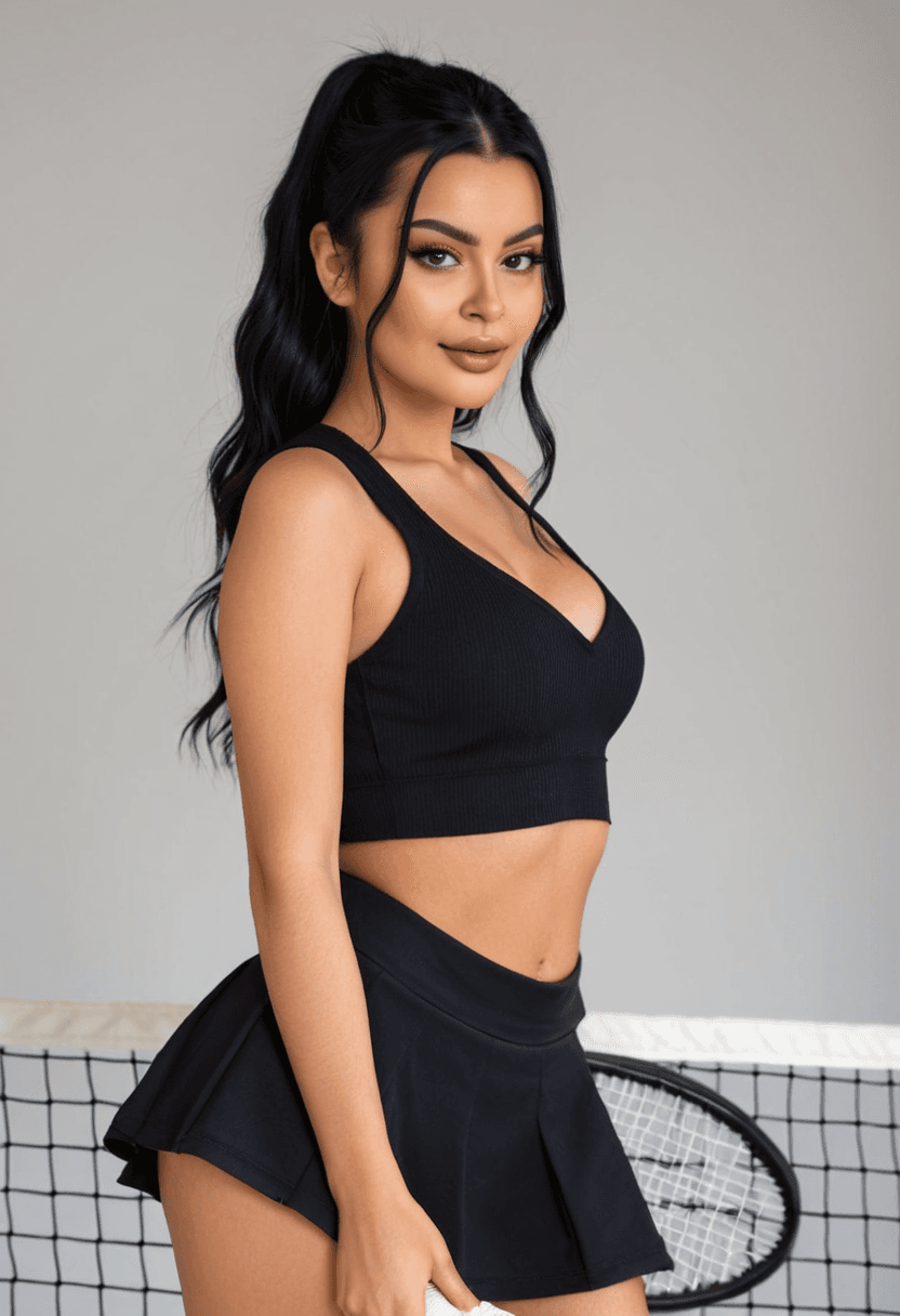 Wearing short black tennis skirt and a crop top shirt, portrait picture, looking at the viewer with a smile